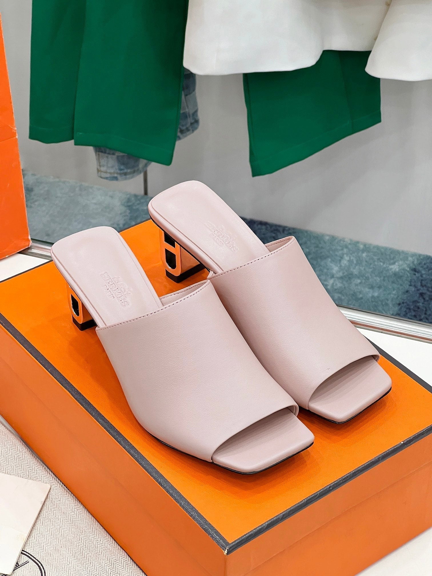 HERMES ICONIQUE 60 SANDAL IN BABY PINK CALFSKIN