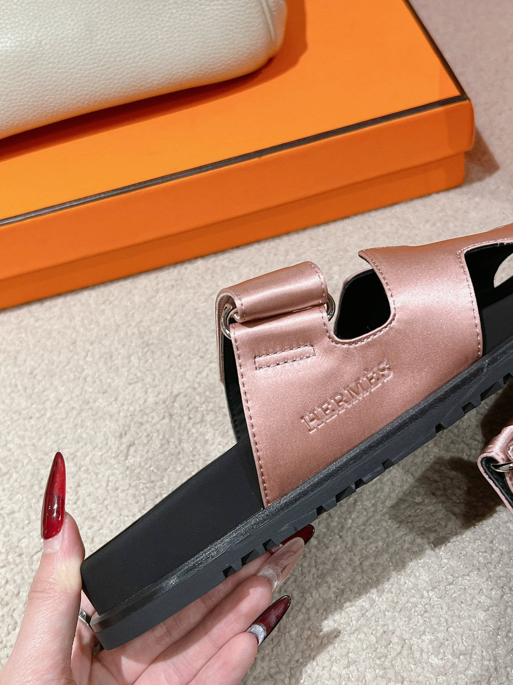 HERMES CHYPRE SANDAL BLACK MIX PASTEL PINK CALFSKIN
