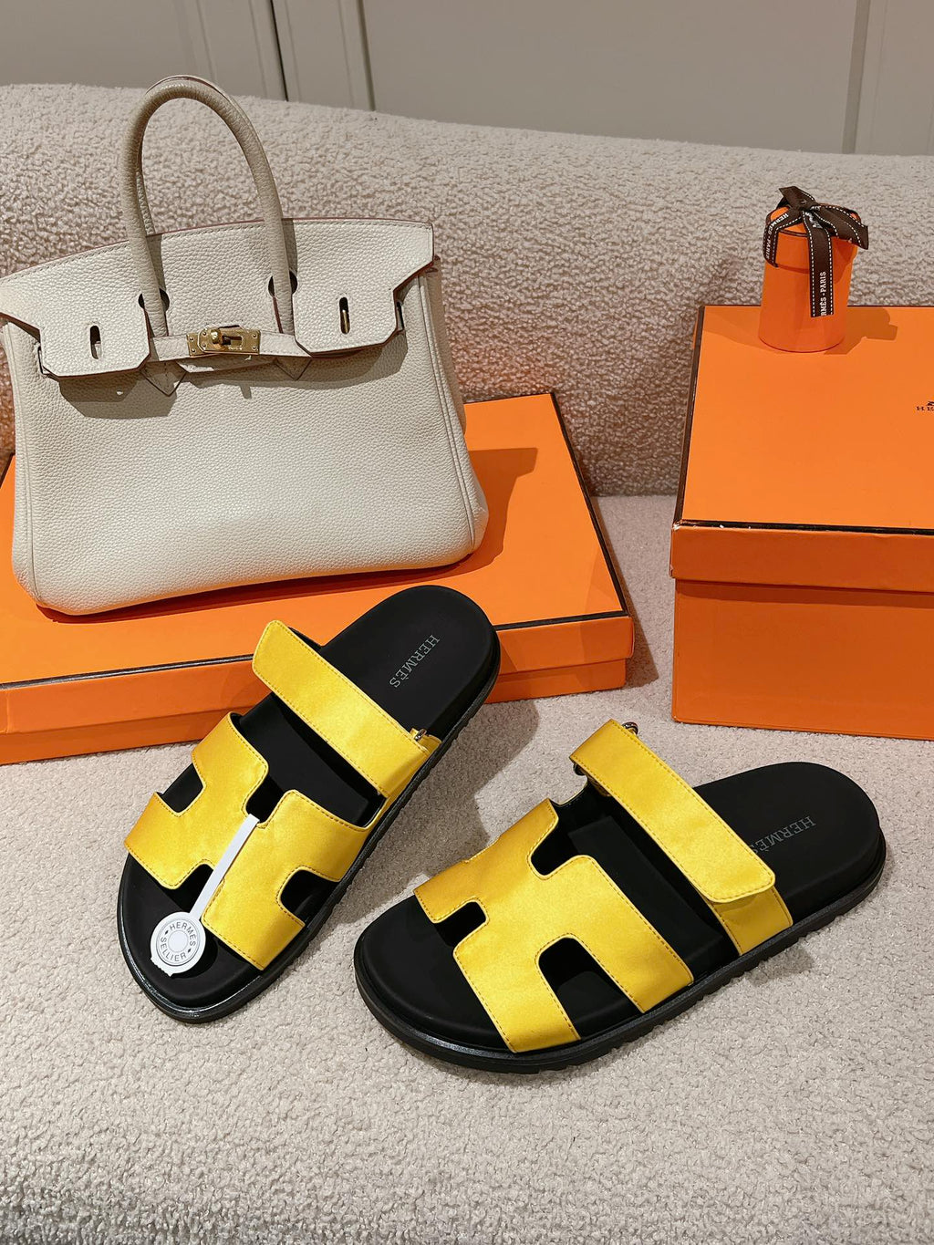 HERMES CHYPRE SANDAL BLACK MIX BRIGHT YELLOW CALFSKIN