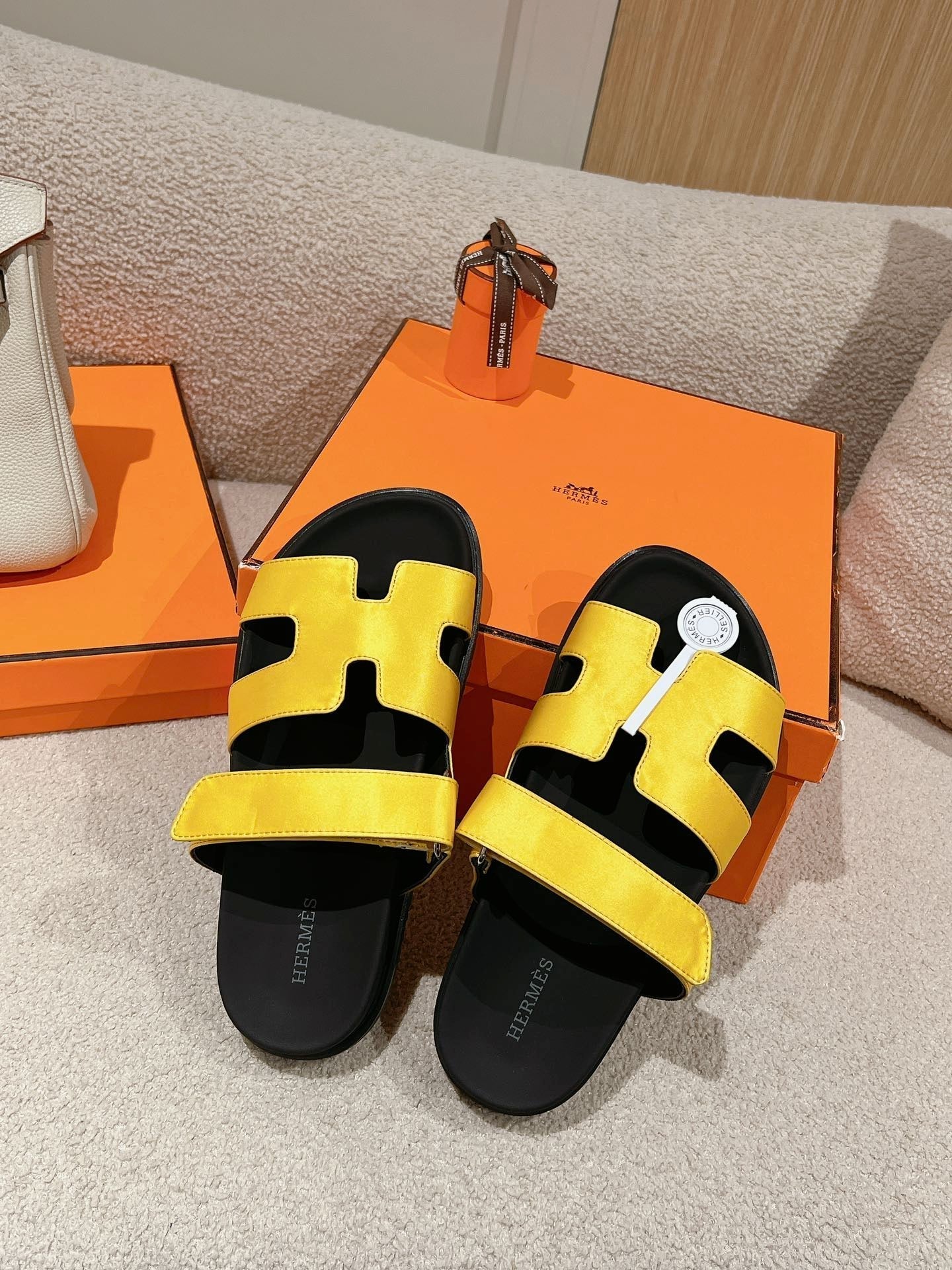 HERMES CHYPRE SANDAL BLACK MIX BRIGHT YELLOW CALFSKIN