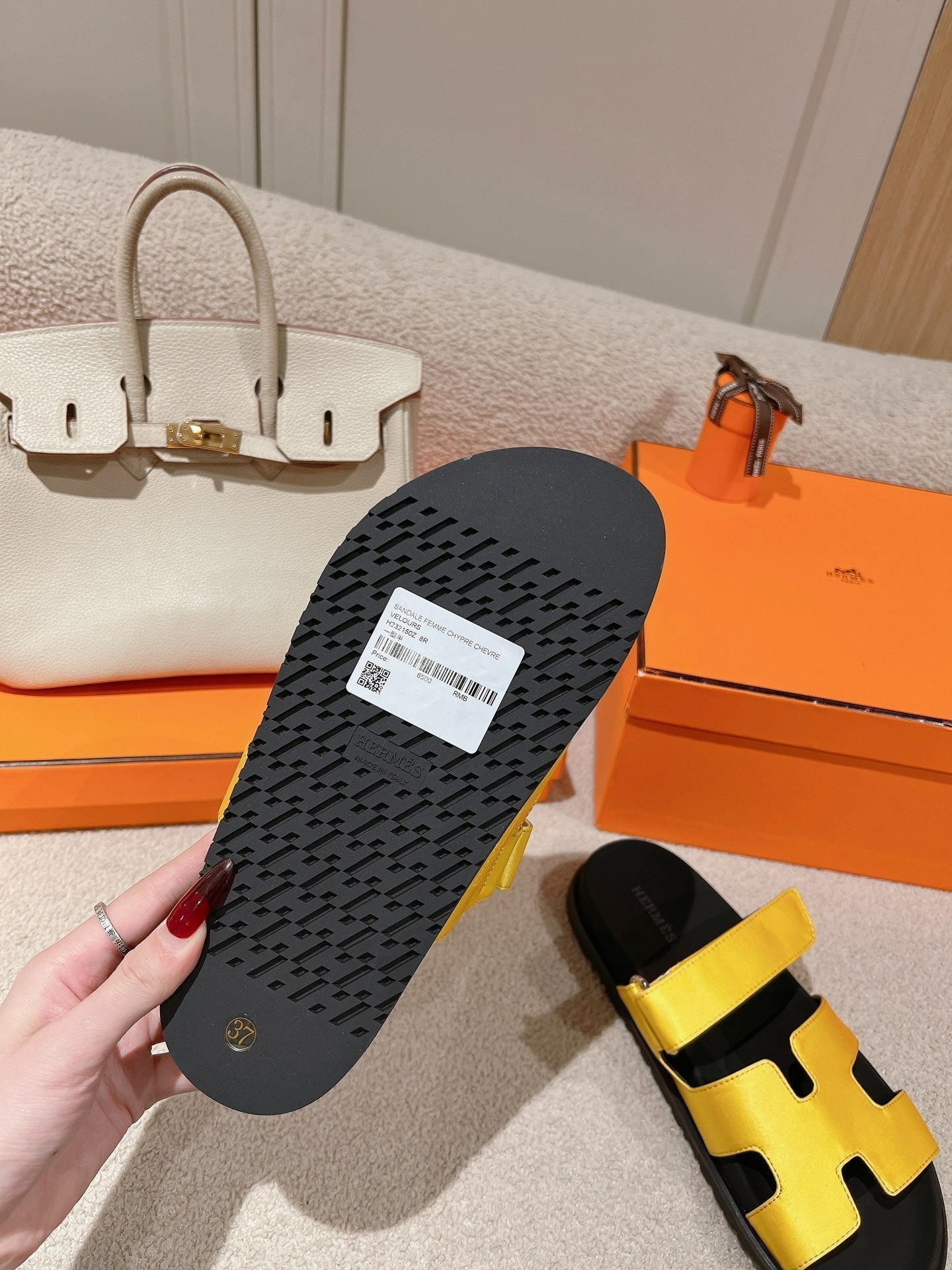 HERMES CHYPRE SANDAL BLACK MIX BRIGHT YELLOW CALFSKIN