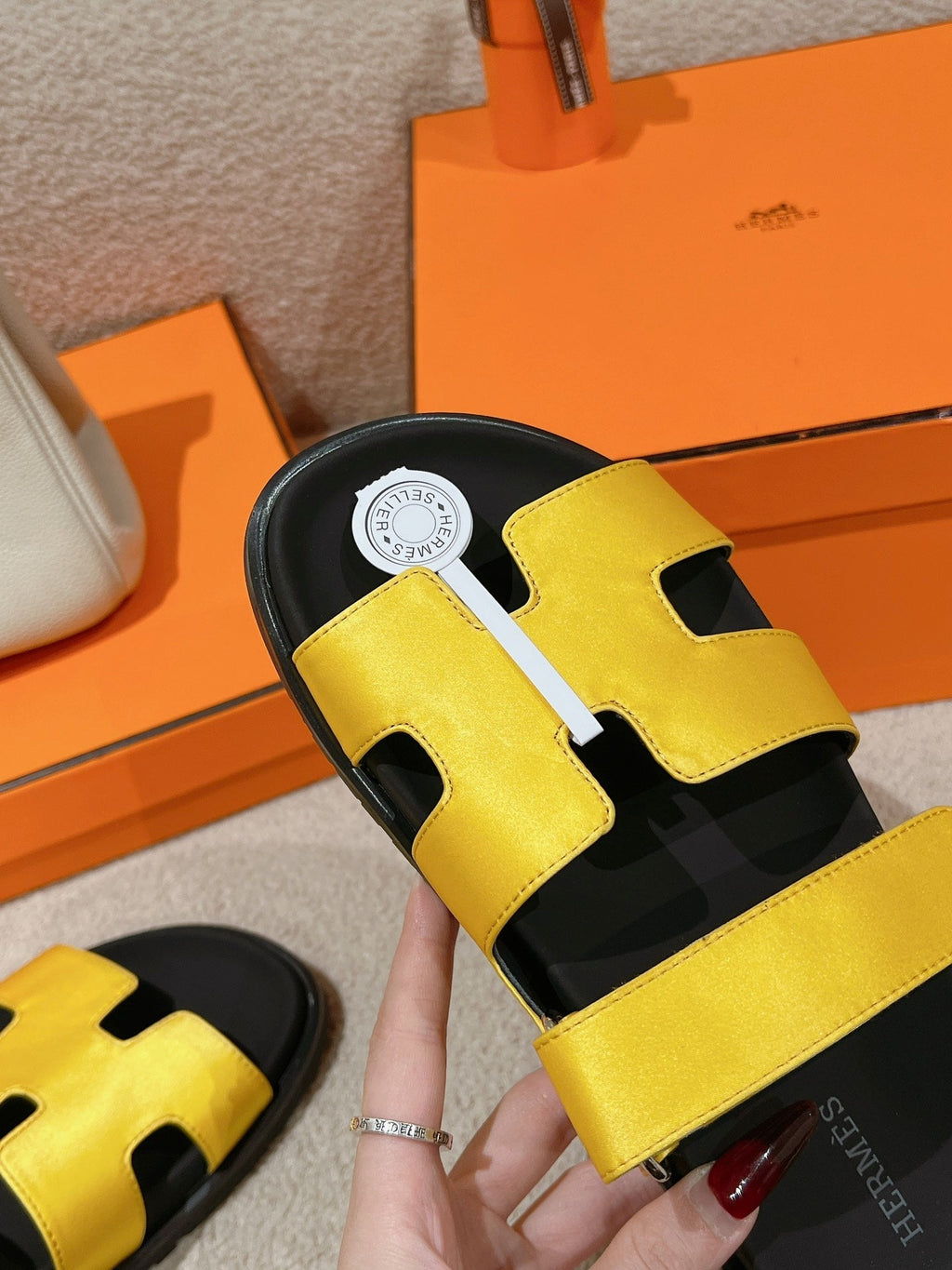 HERMES CHYPRE SANDAL BLACK MIX BRIGHT YELLOW CALFSKIN