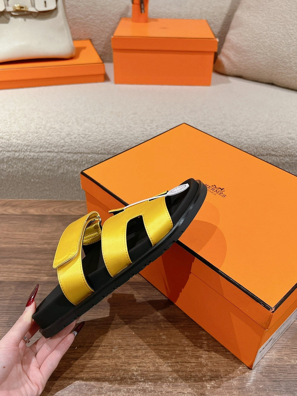 HERMES CHYPRE SANDAL BLACK MIX BRIGHT YELLOW CALFSKIN
