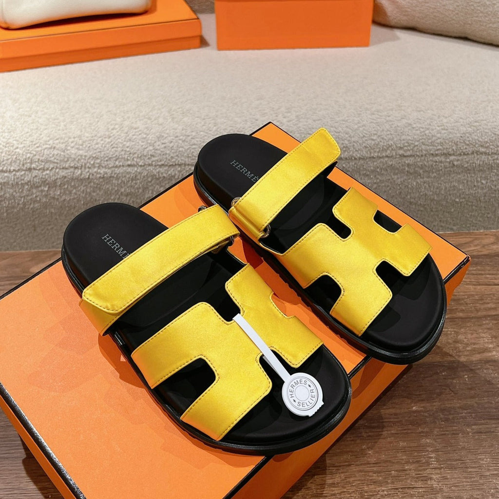 HERMES CHYPRE SANDAL BLACK MIX BRIGHT YELLOW CALFSKIN