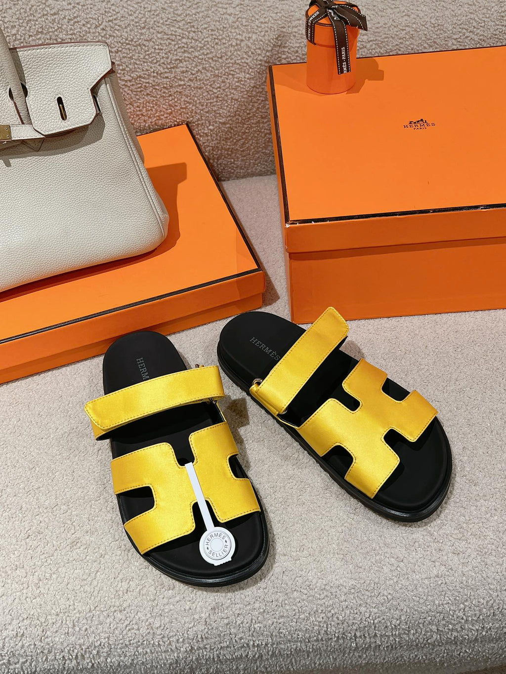 HERMES CHYPRE SANDAL BLACK MIX BRIGHT YELLOW CALFSKIN