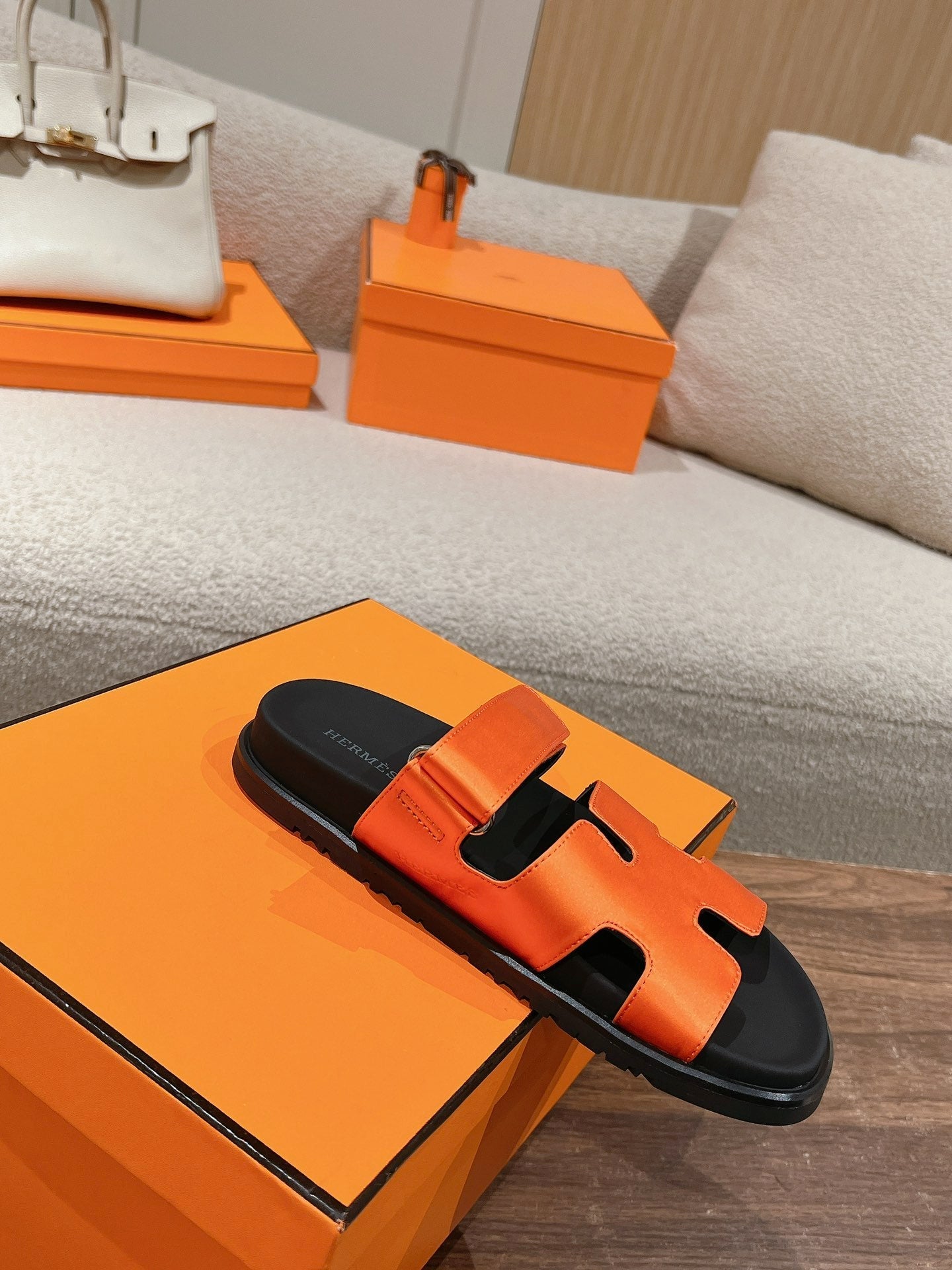 HERMES CHYPRE SANDAL BLACK MIX DARK ORANGE CALFSKIN