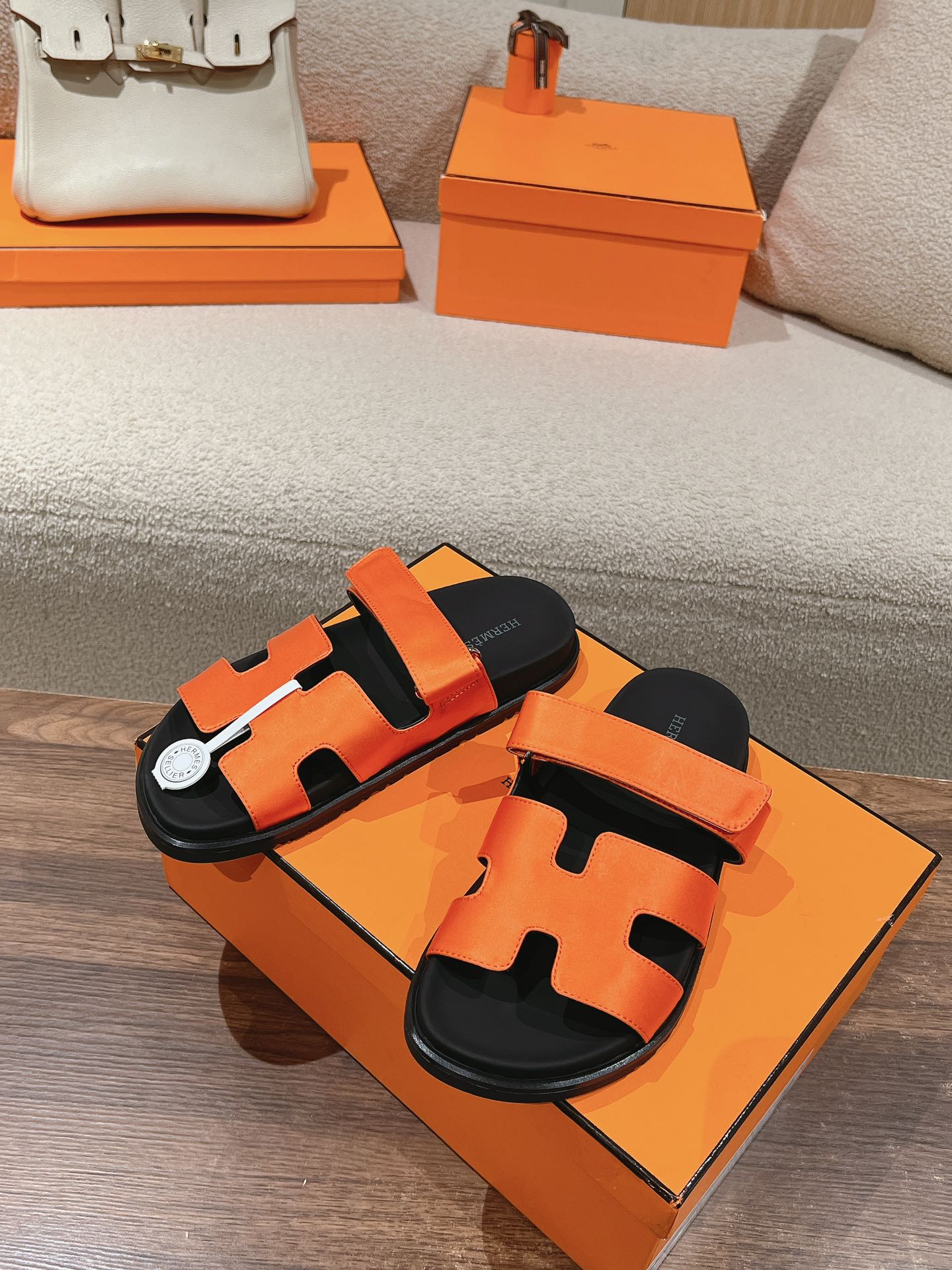 HERMES CHYPRE SANDAL BLACK MIX DARK ORANGE CALFSKIN