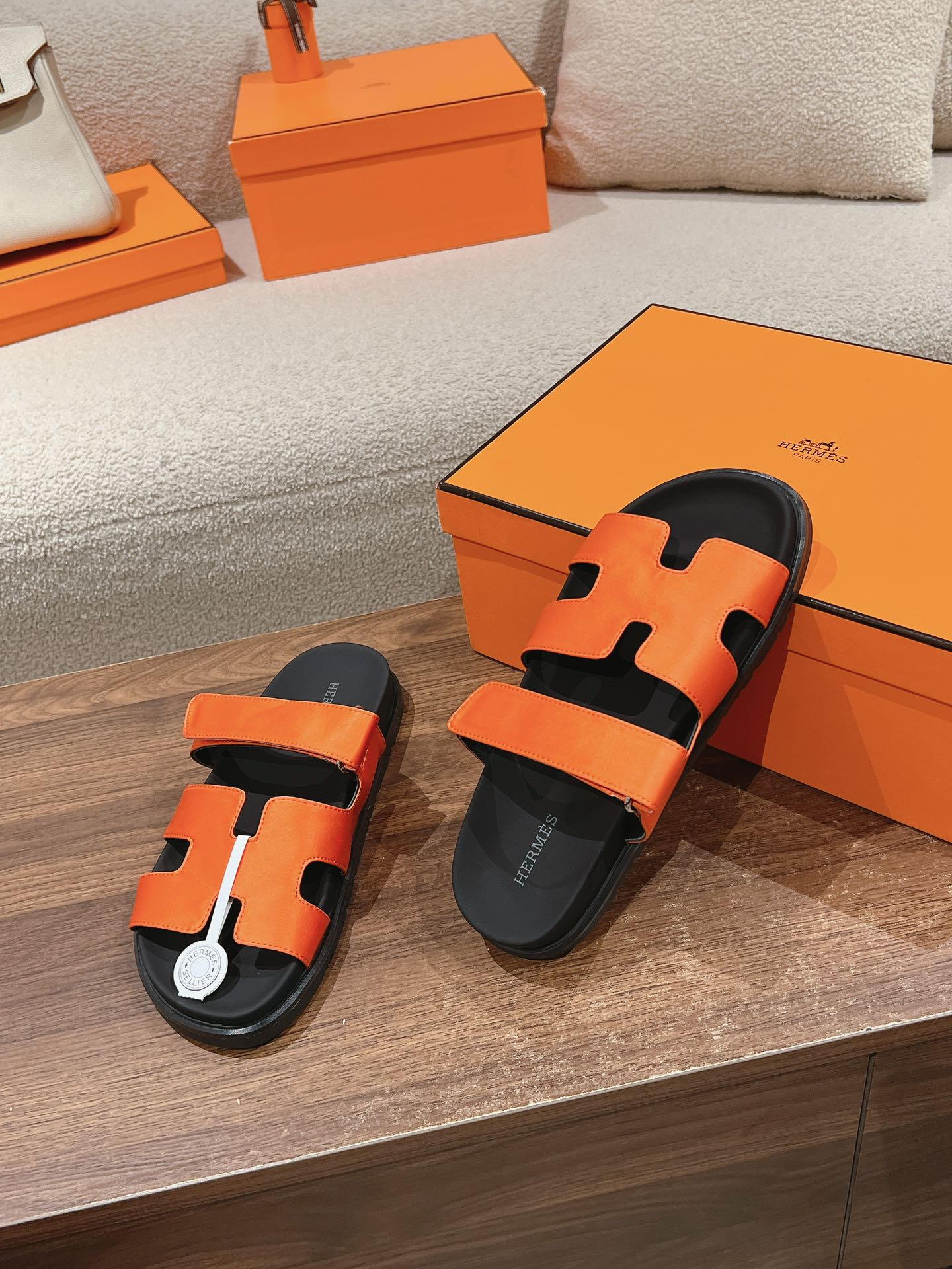 HERMES CHYPRE SANDAL BLACK MIX DARK ORANGE CALFSKIN