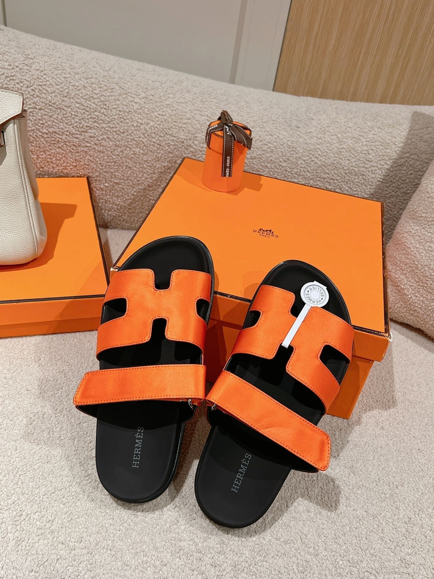 HERMES CHYPRE SANDAL BLACK MIX DARK ORANGE CALFSKIN