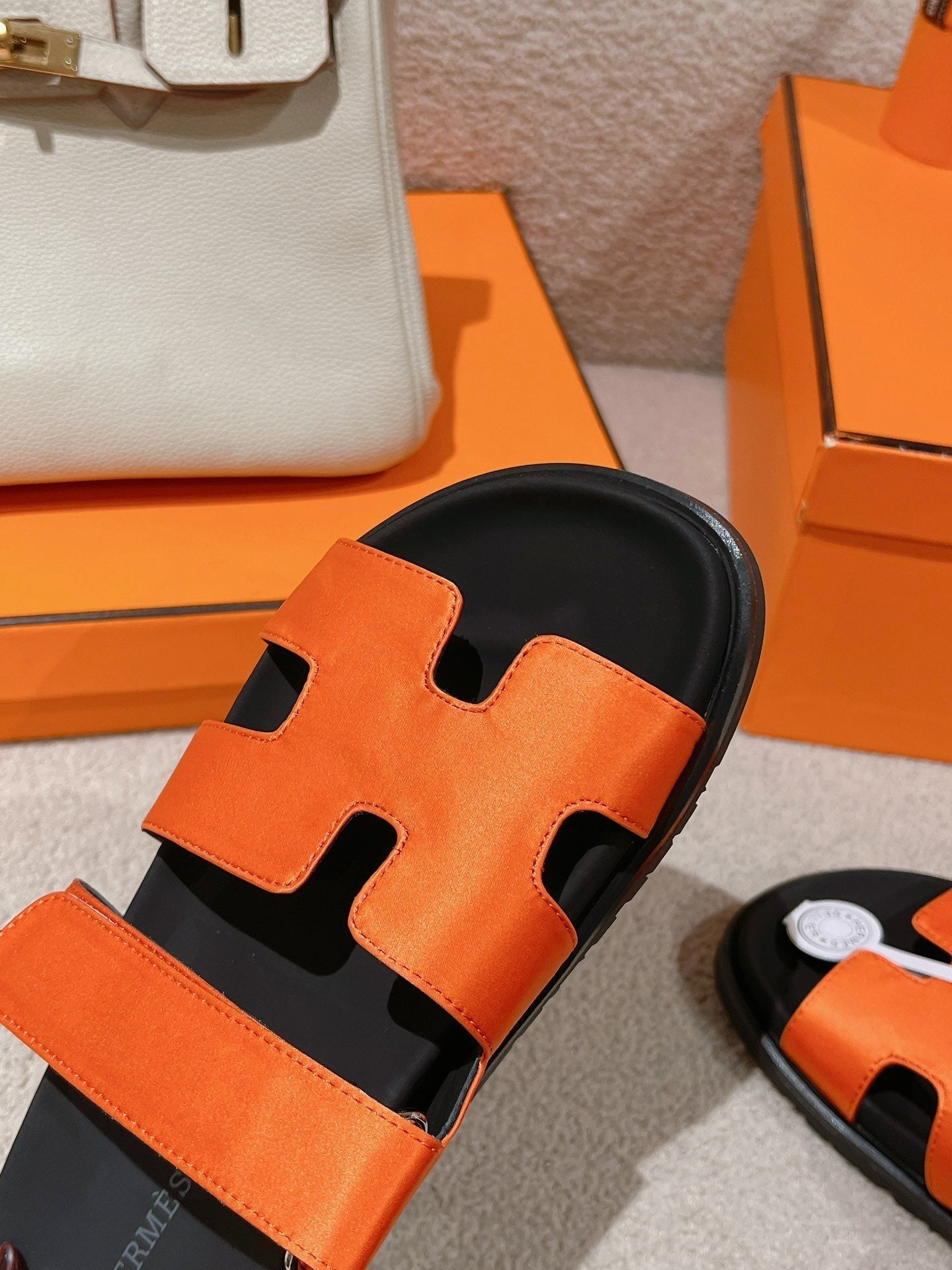 HERMES CHYPRE SANDAL BLACK MIX DARK ORANGE CALFSKIN