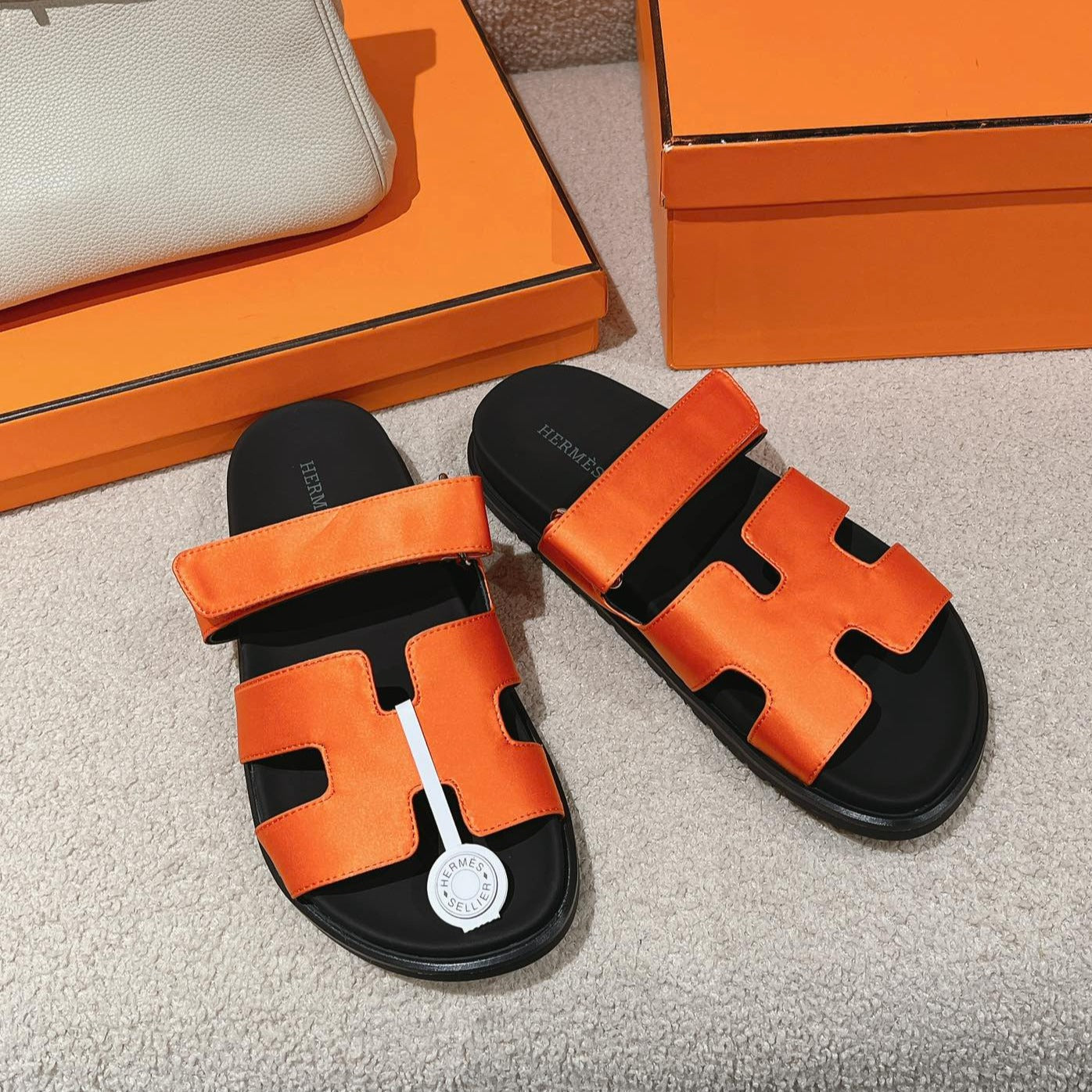 HERMES CHYPRE SANDAL BLACK MIX DARK ORANGE CALFSKIN
