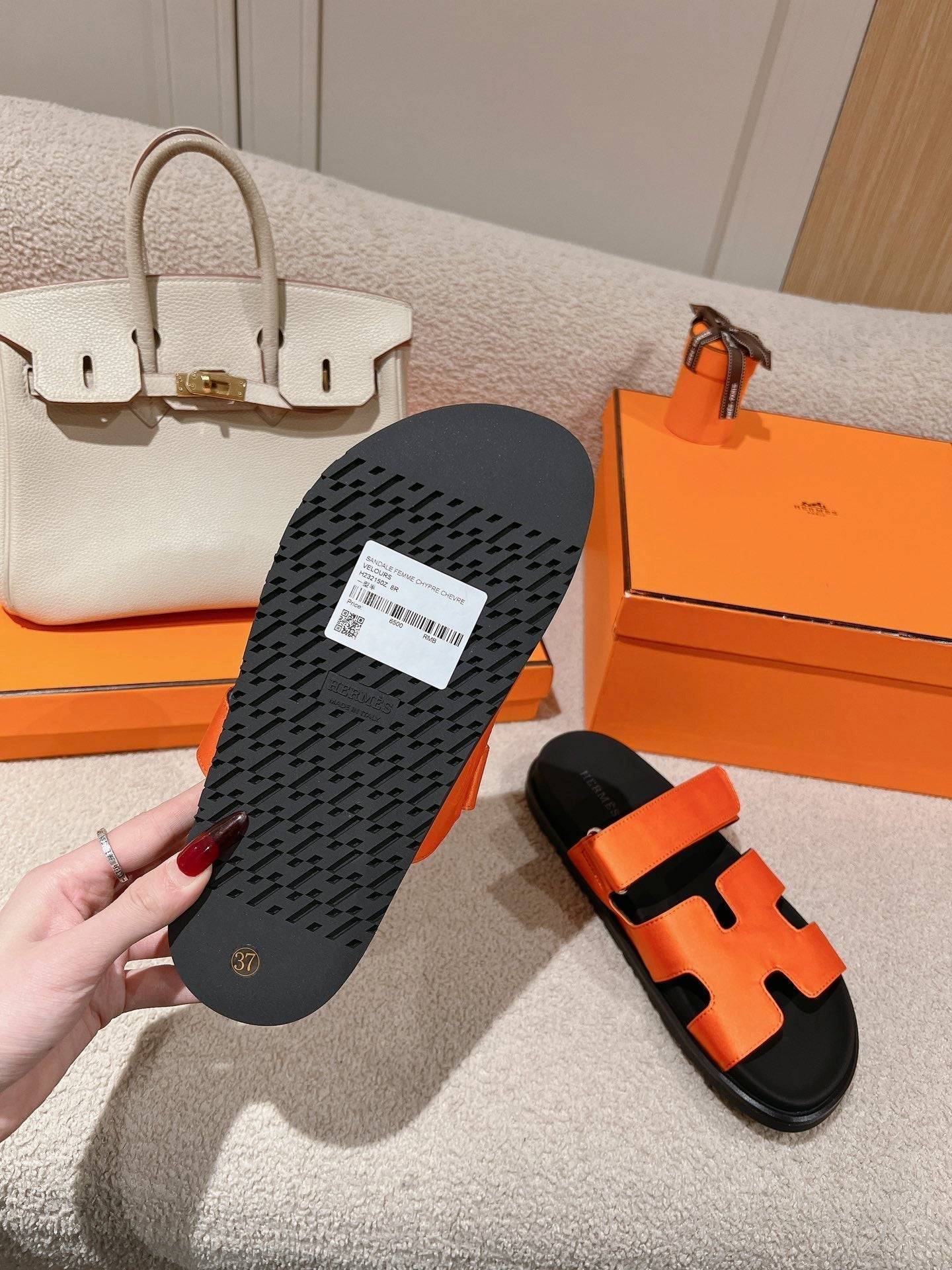 HERMES CHYPRE SANDAL BLACK MIX DARK ORANGE CALFSKIN