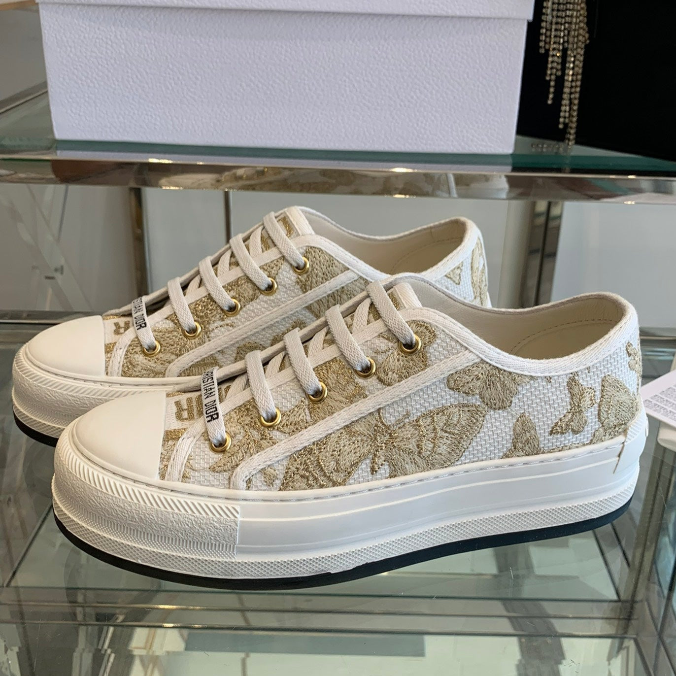 DIOR WALK'N PLATFORM SNEAKER IN WHITE-GOLD TONE EMBROIDERED FABRIC