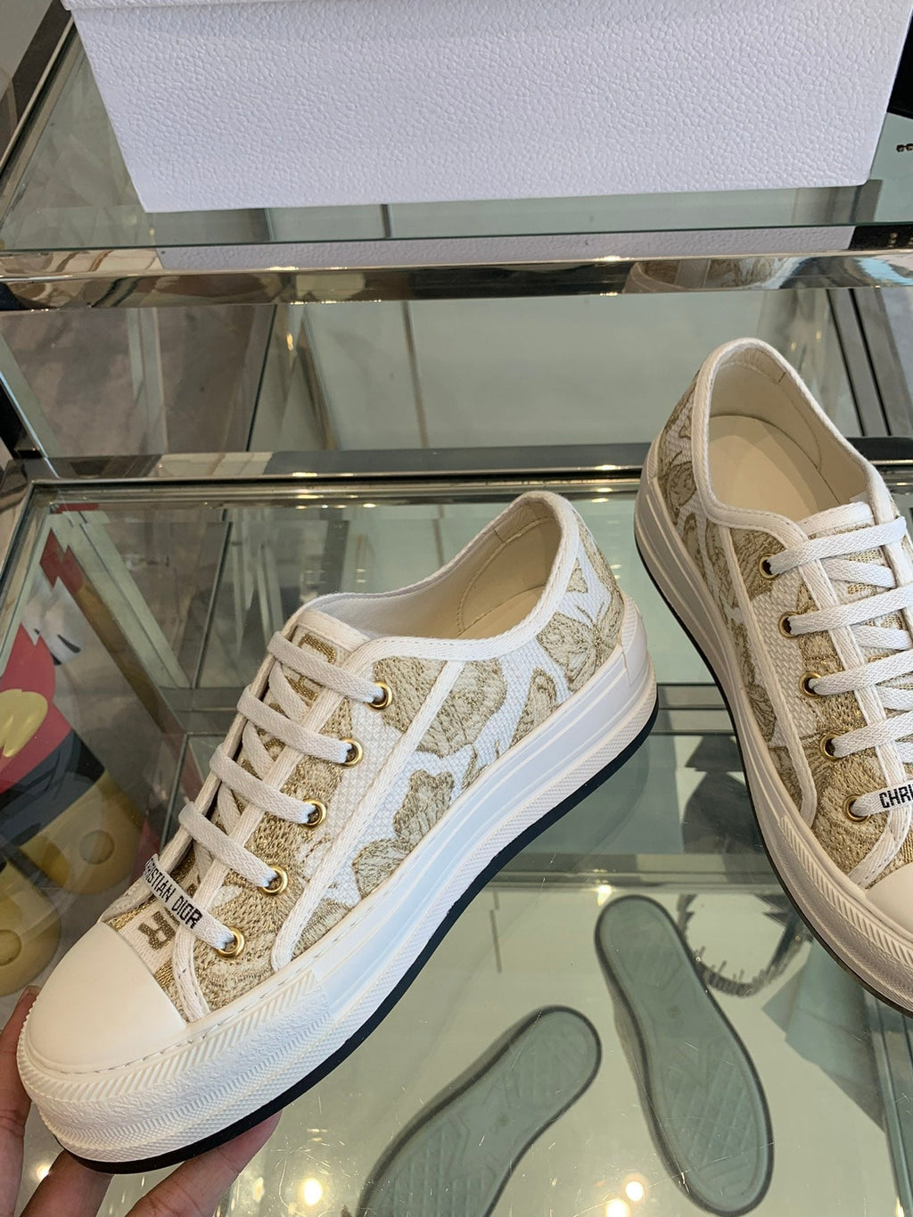 DIOR WALK'N PLATFORM SNEAKER IN WHITE-GOLD TONE EMBROIDERED FABRIC