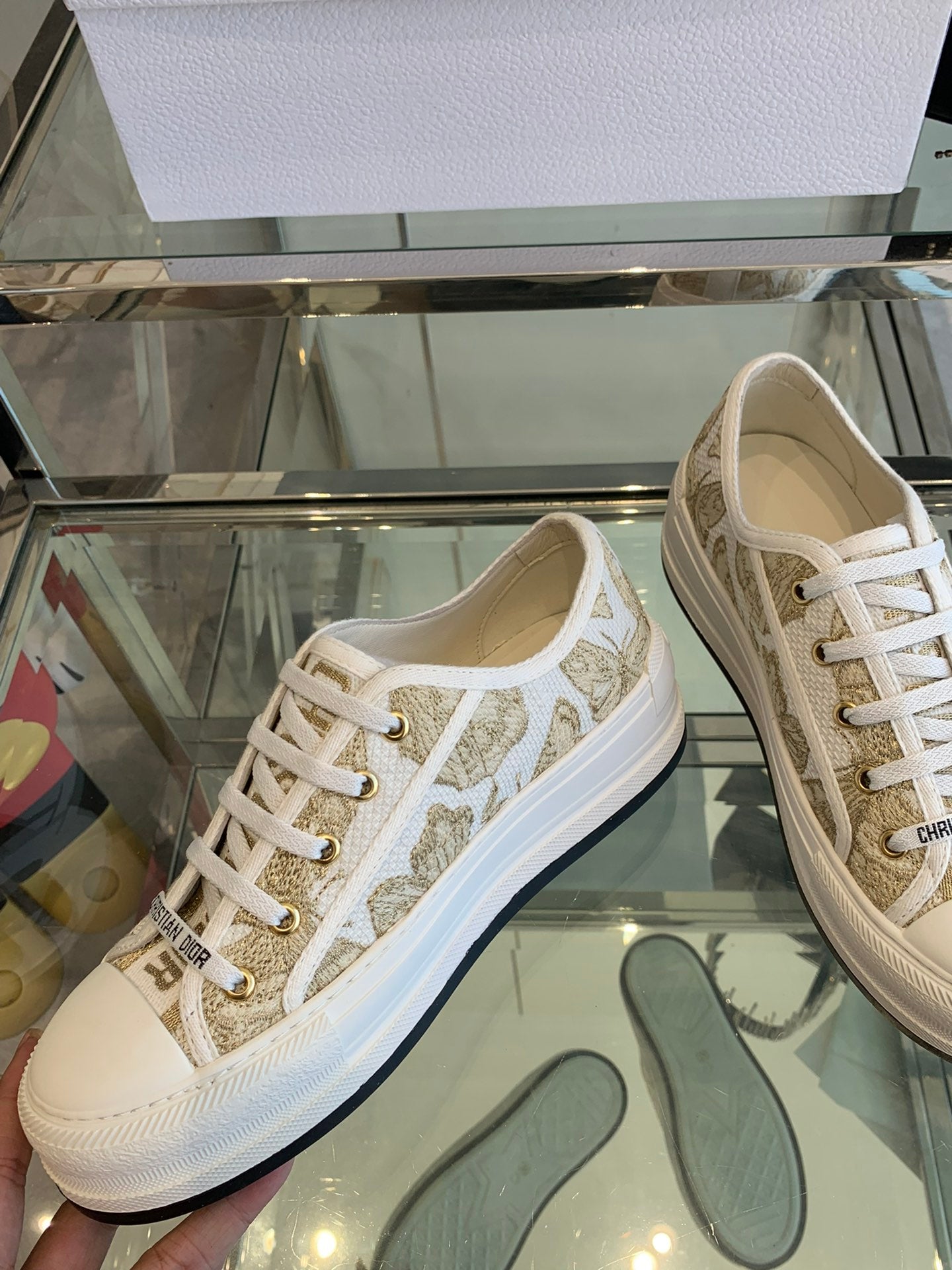 DIOR WALK'N PLATFORM SNEAKER IN WHITE-GOLD TONE EMBROIDERED FABRIC