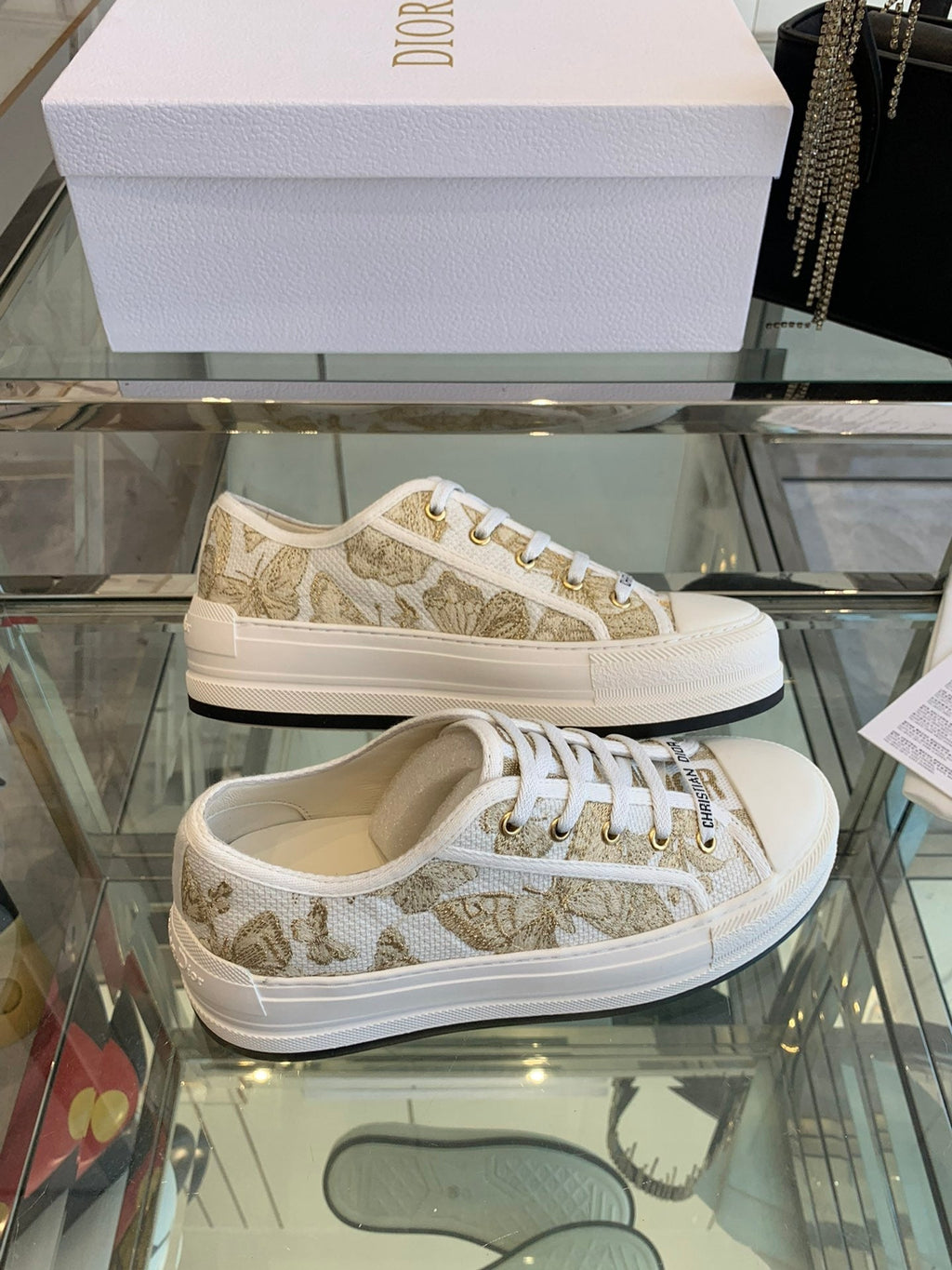 DIOR WALK'N PLATFORM SNEAKER IN WHITE-GOLD TONE EMBROIDERED FABRIC