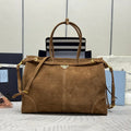 PRADA TOTE BAG WITH BELT 42 IN RUSSET BROWN SUEDE GOLD HARDWARE
