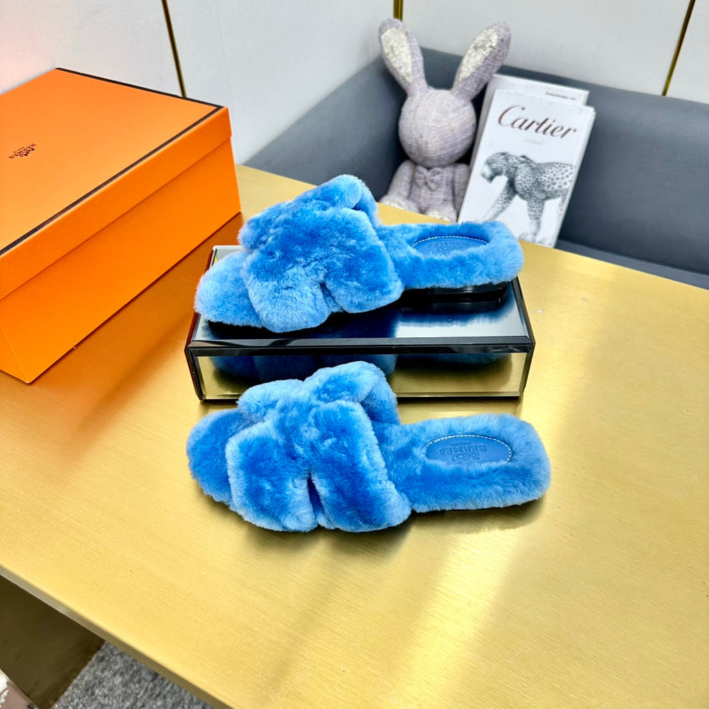HERMES 0RAN SHEARLING SANDALS OCEAN BLUE