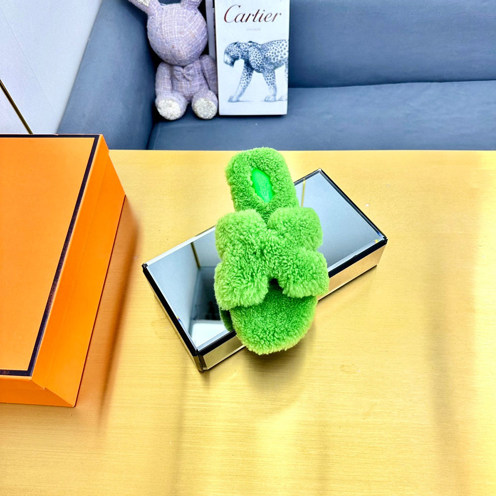 HERMES 0RAN SHEARLING SANDALS CHARTREUSE GREEN