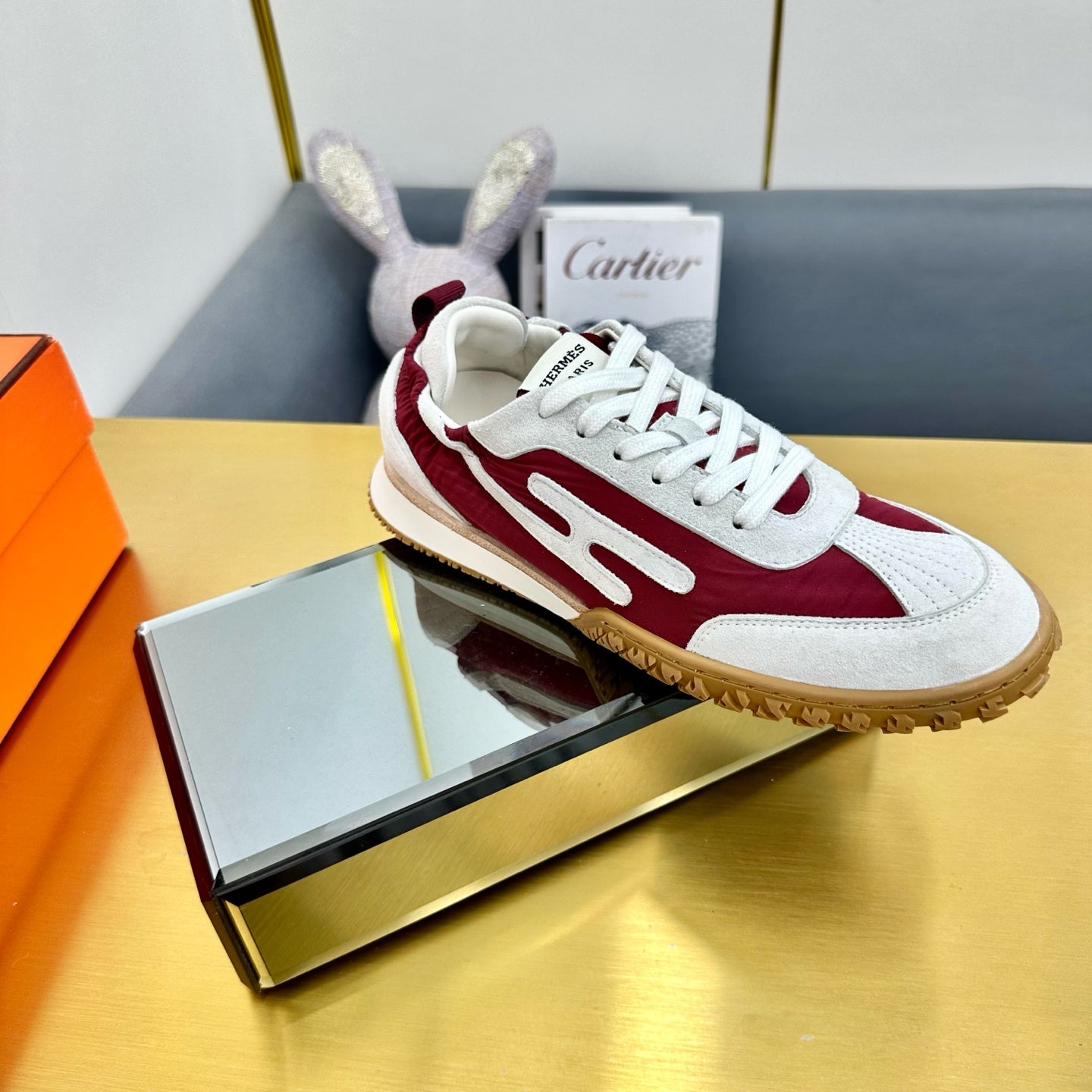 HERMES JET SNEAKER IN WHITE MIX SANGRIA RED SUEDE