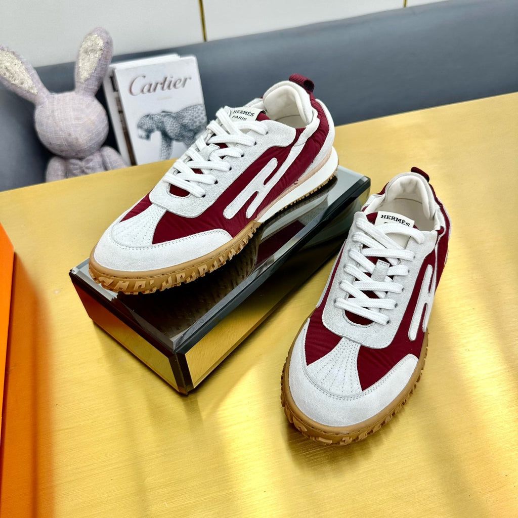 HERMES JET SNEAKER IN WHITE MIX SANGRIA RED SUEDE