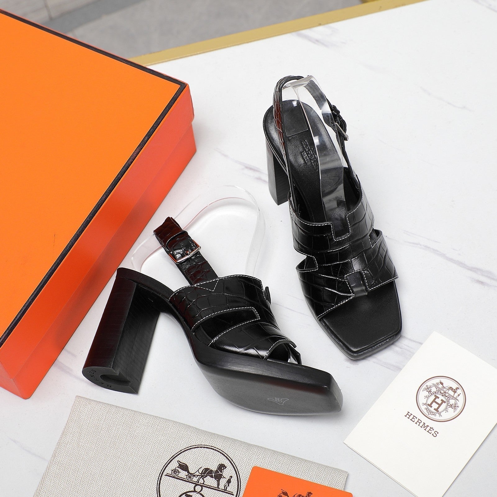 HERMES ERIS 95 SANDAL BLACK CALFSKIN PATTERNED
