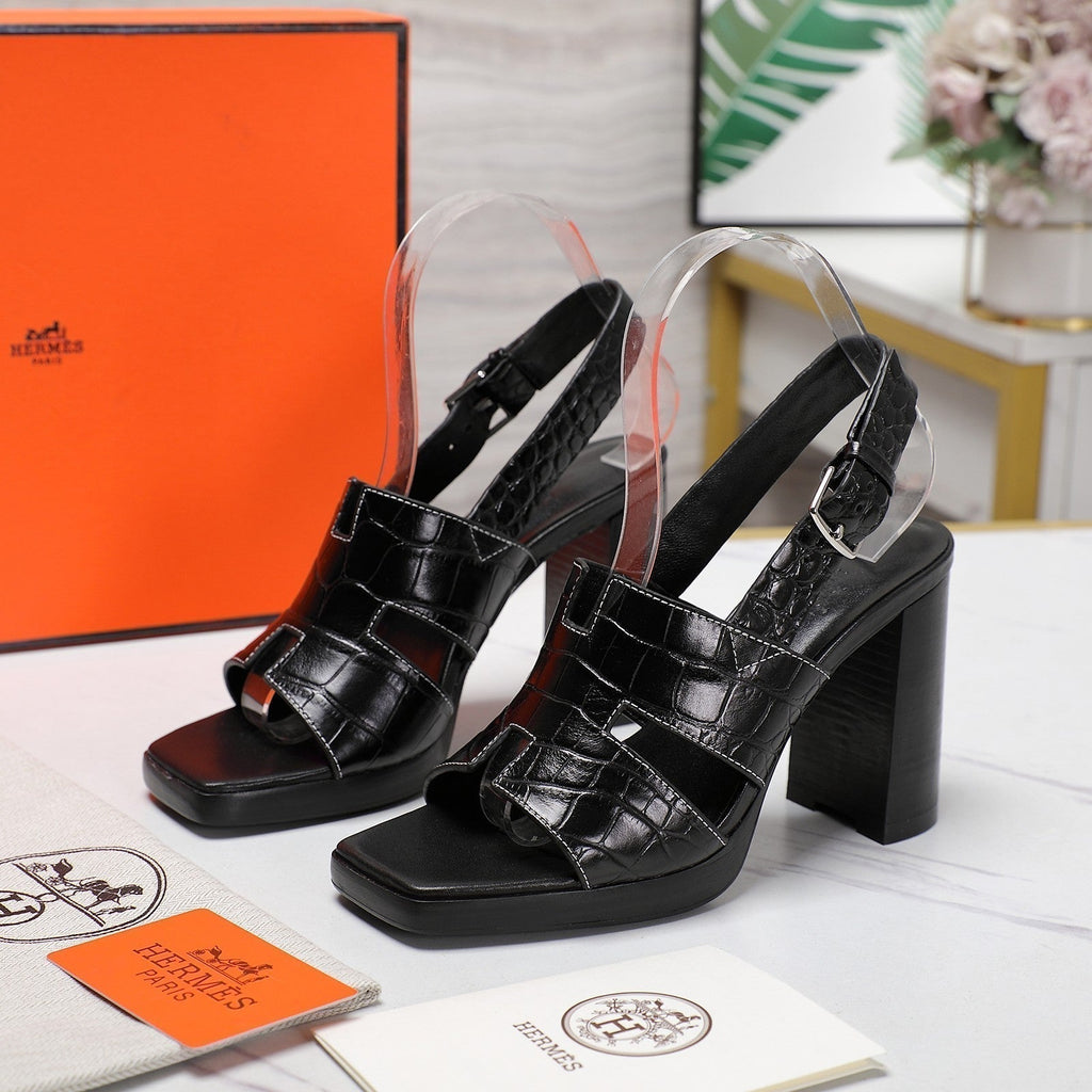HERMES ERIS 95 SANDAL BLACK CALFSKIN PATTERNED