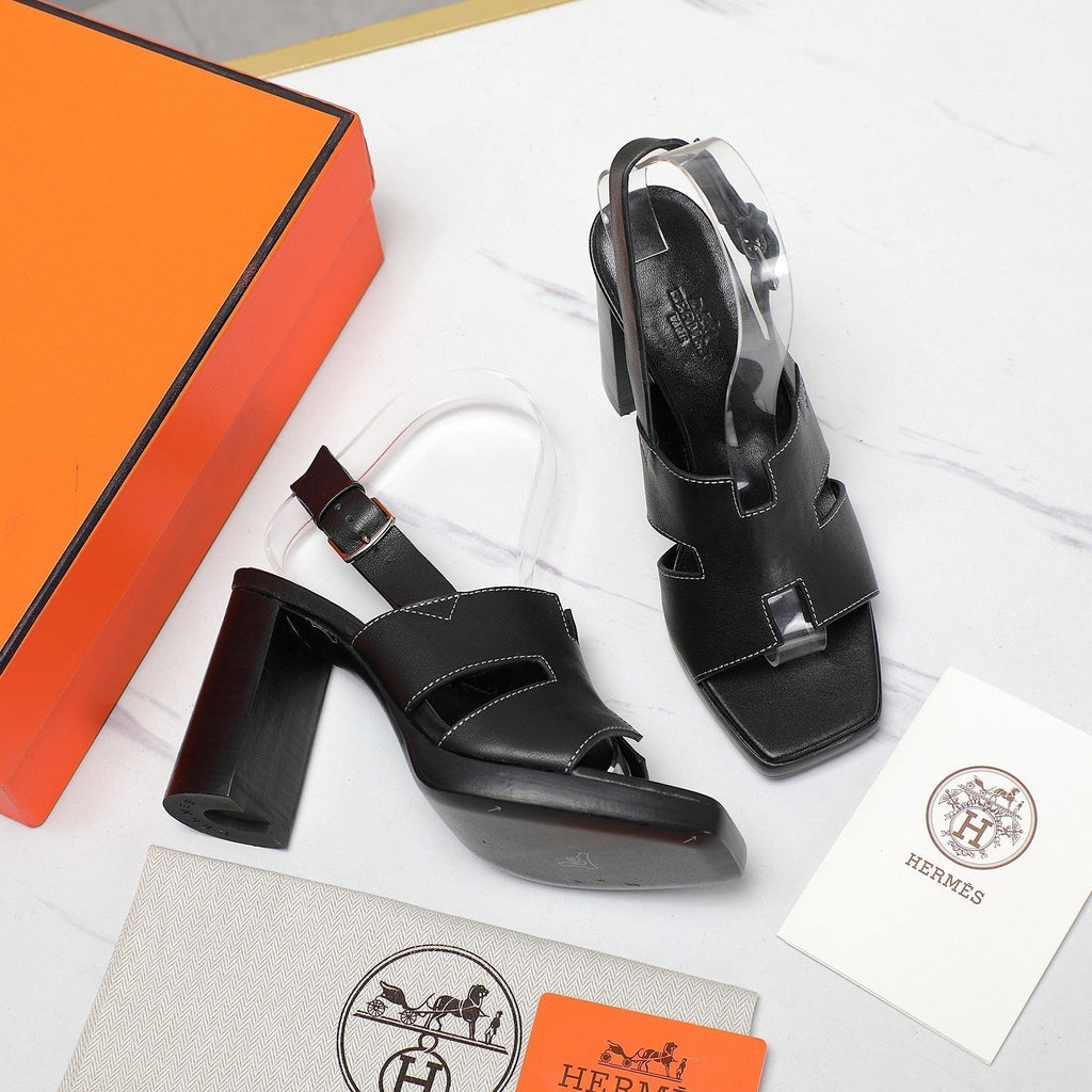 HERMES ERIS 95 SANDAL BLACK CALFSKIN