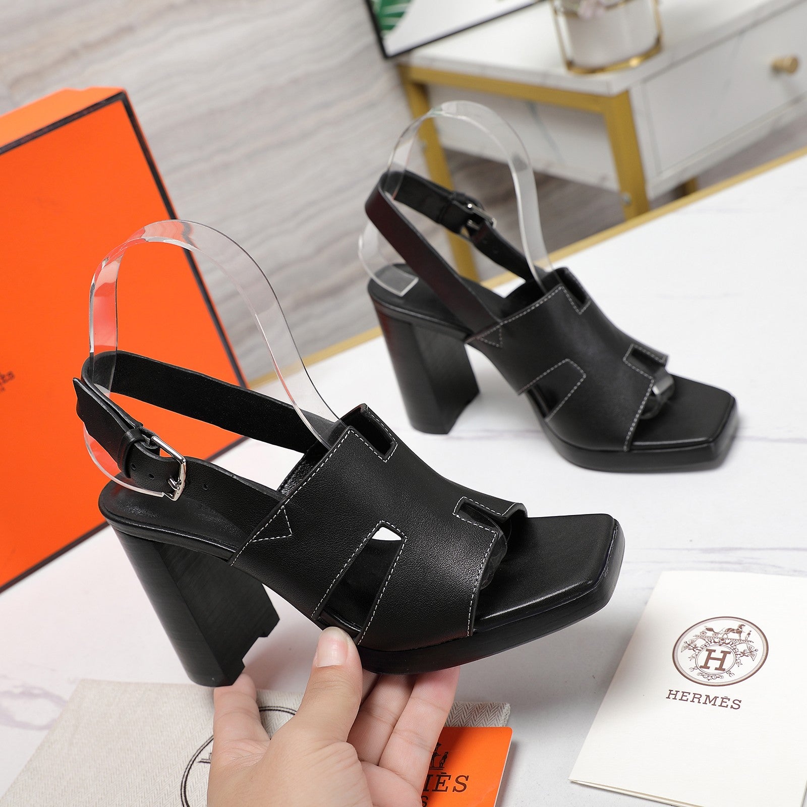 HERMES ERIS 95 SANDAL BLACK CALFSKIN