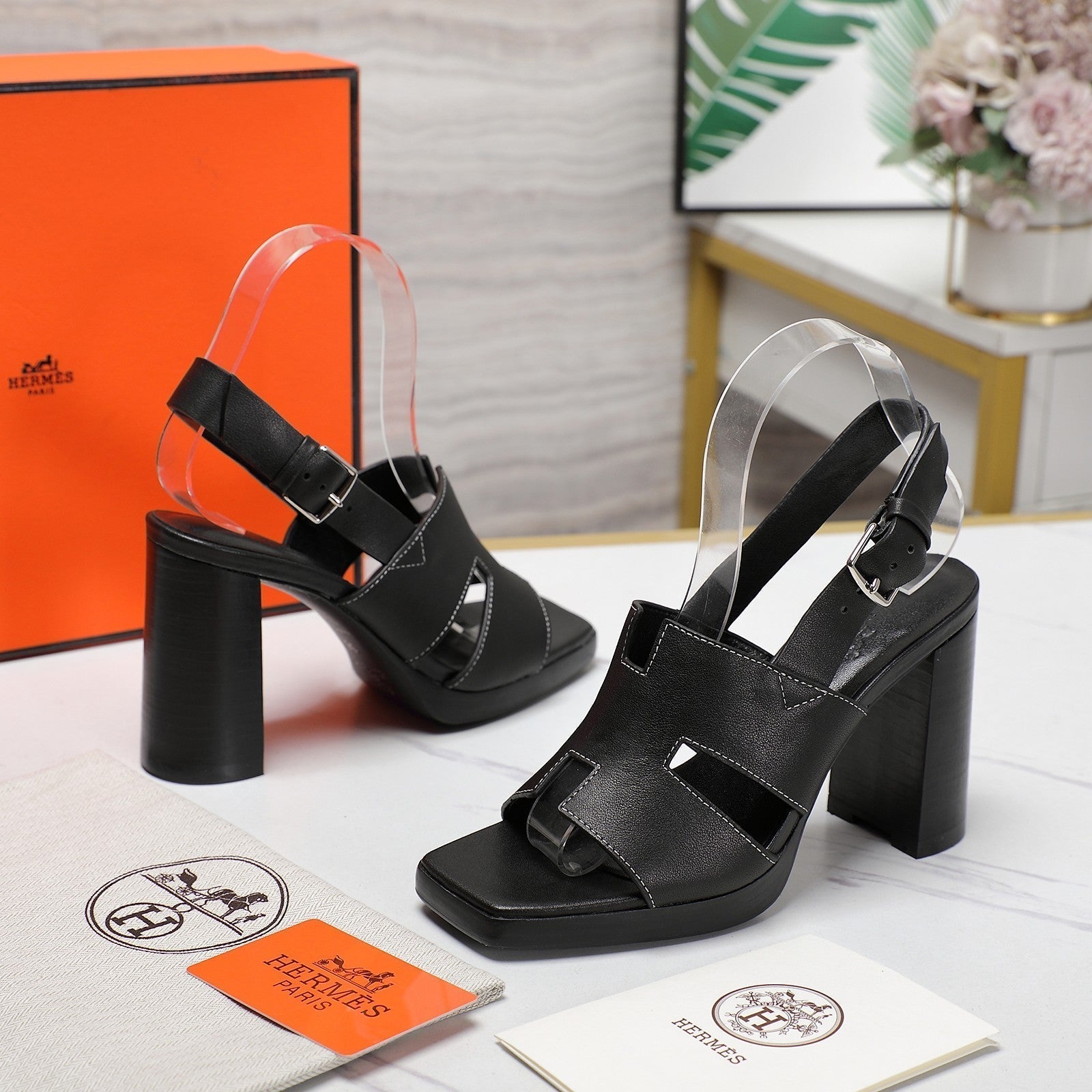 HERMES ERIS 95 SANDAL BLACK CALFSKIN