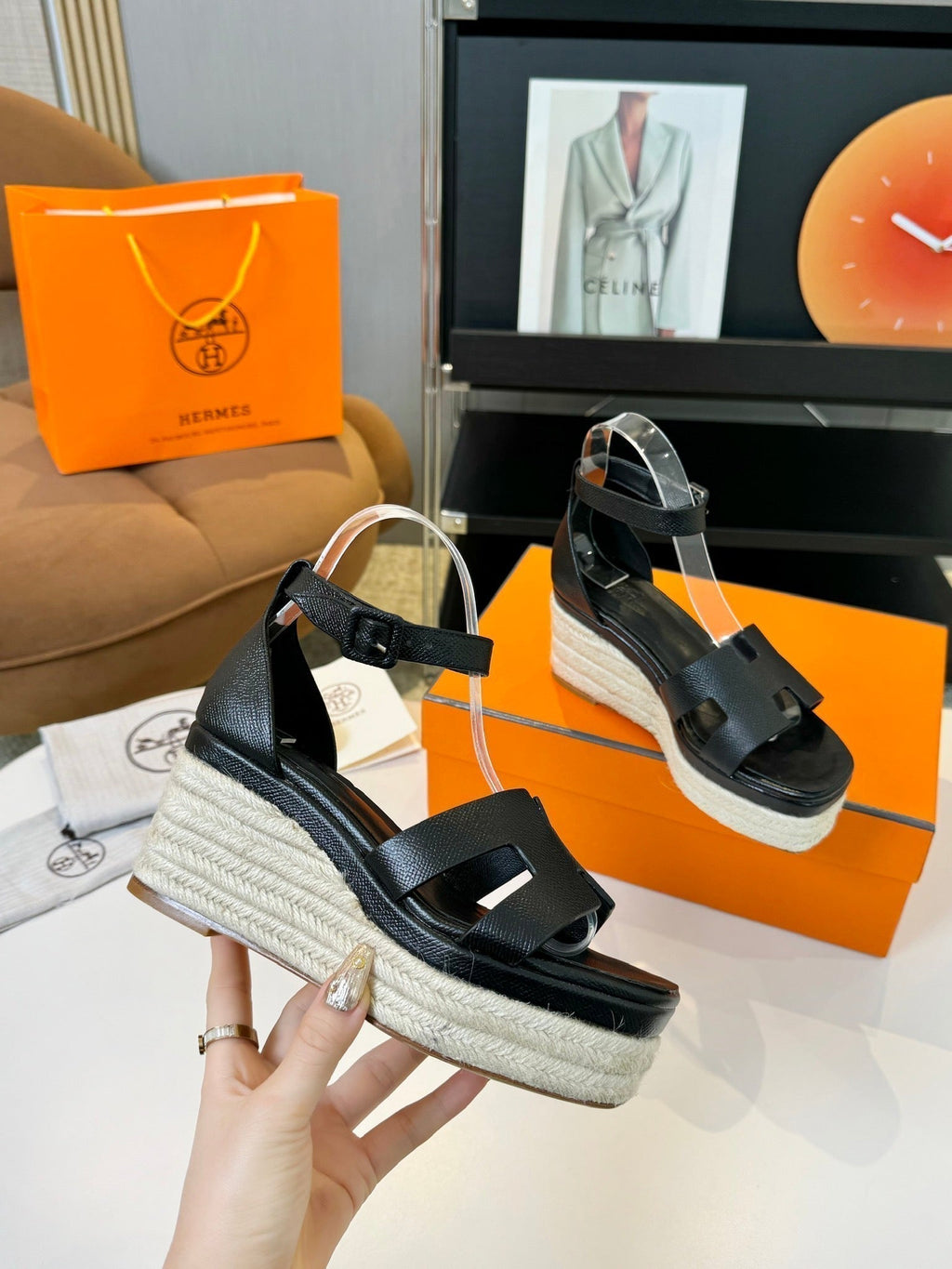 HERMES Elda espadrille 80 Black Epsom Calfskin