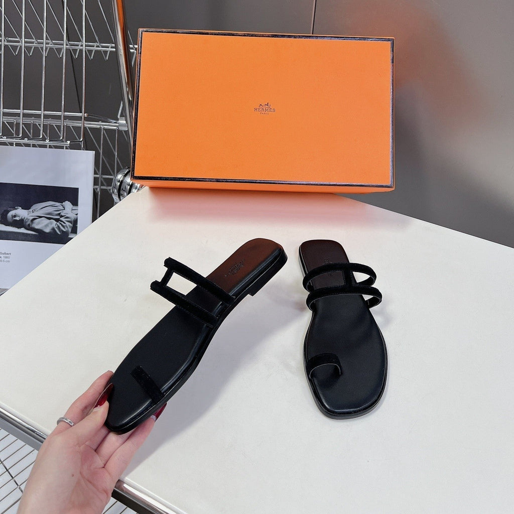 HERMES Georgia Sandals Black Suede Black Calfskin