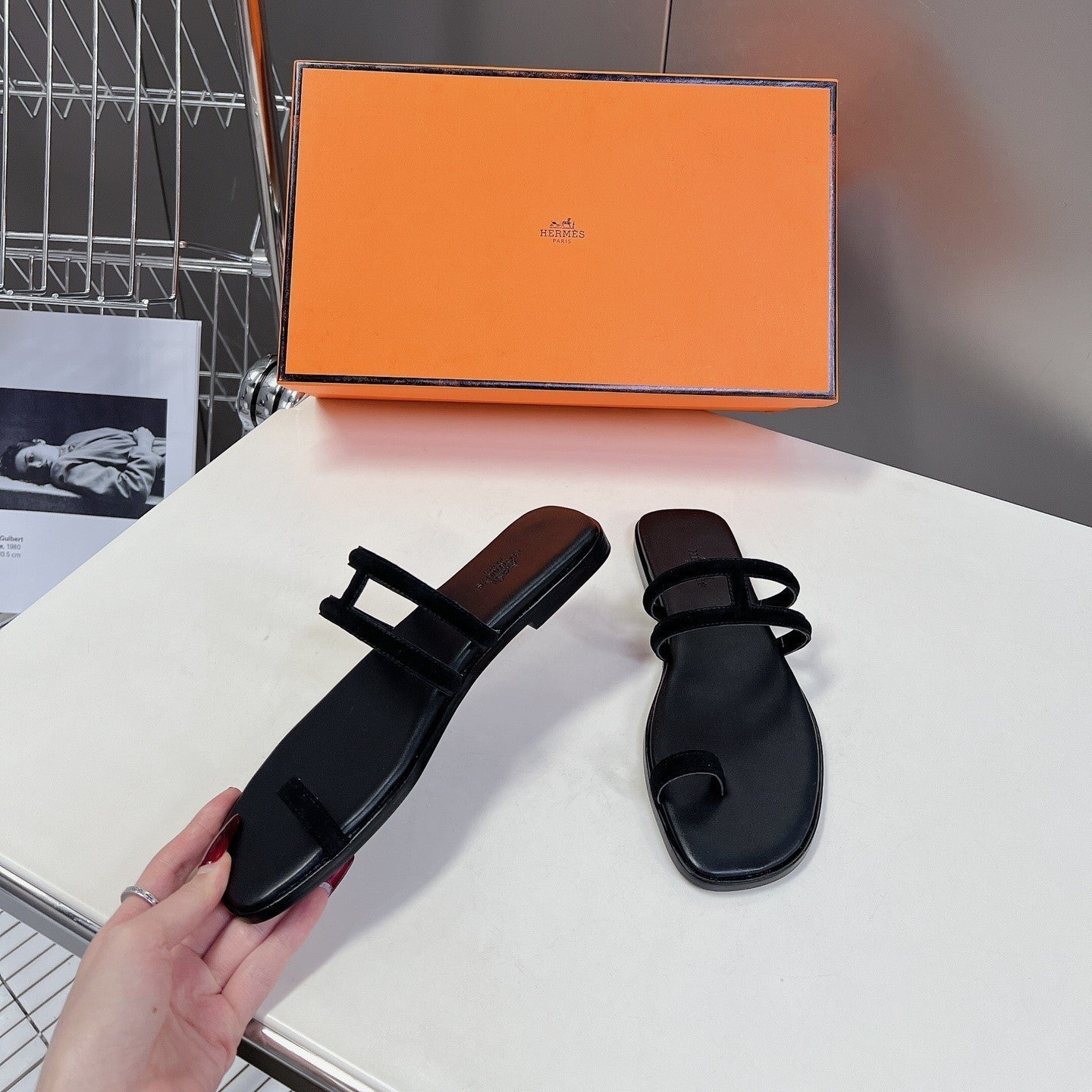 HERMES Georgia Sandals Black Suede Black Calfskin