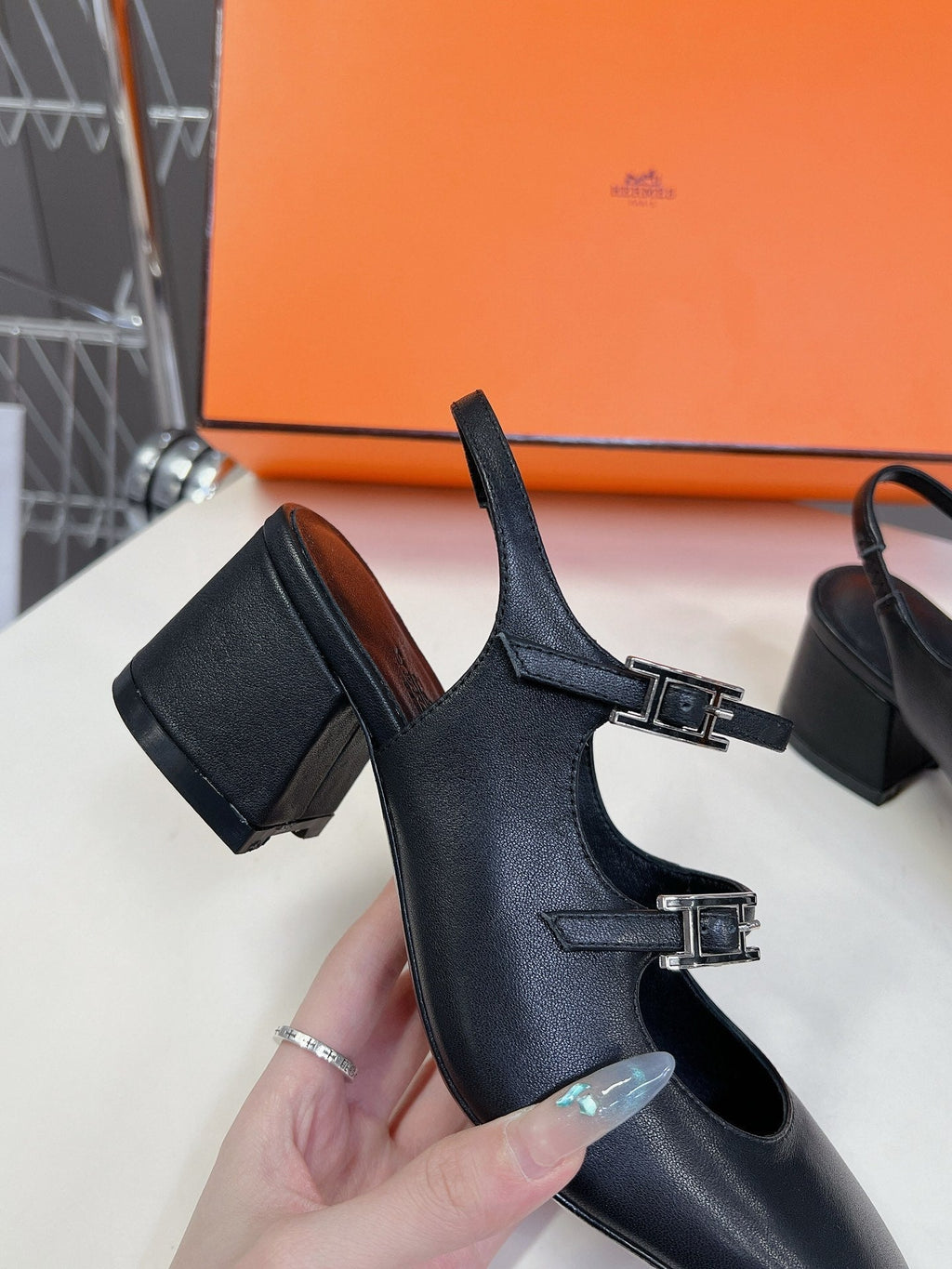 HERMES JACKIE 50 PUMP BLACK LAMBSKIN