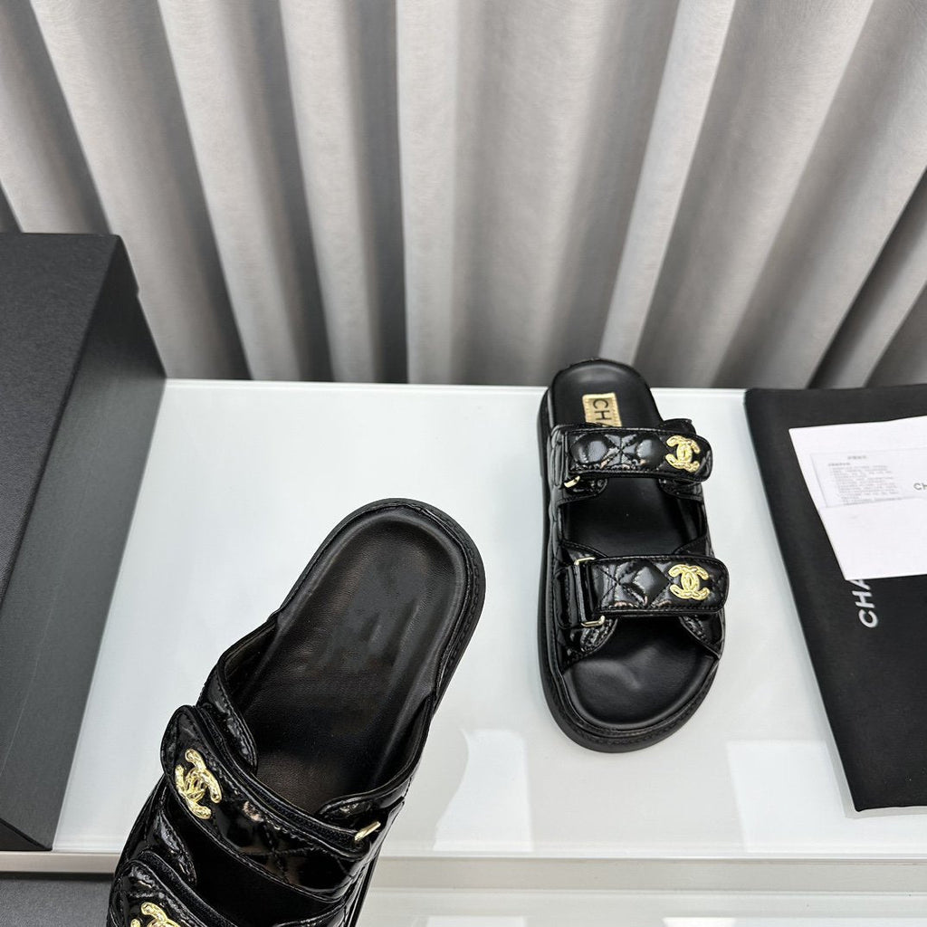 CHANEL DAD SANDALS BLACK PATENT LAMBSKIN MULES