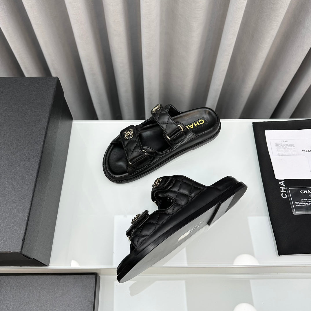 CHANEL dad sandals black patent interwoven leather