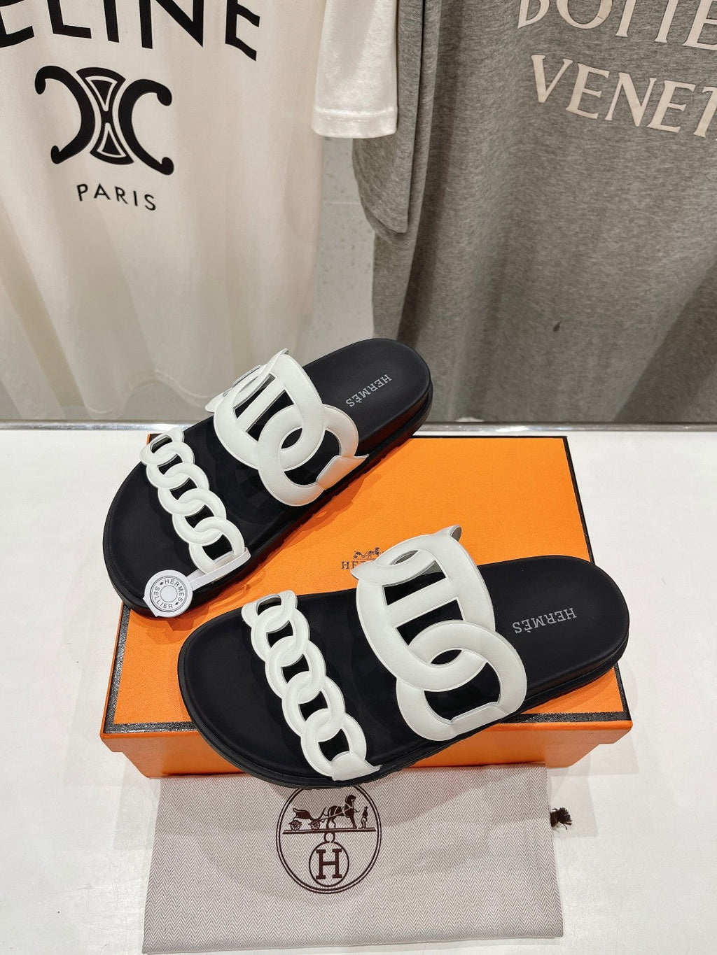 HERMES EXTRA SANDAL BLACK MIX WHITE CALFSKIN