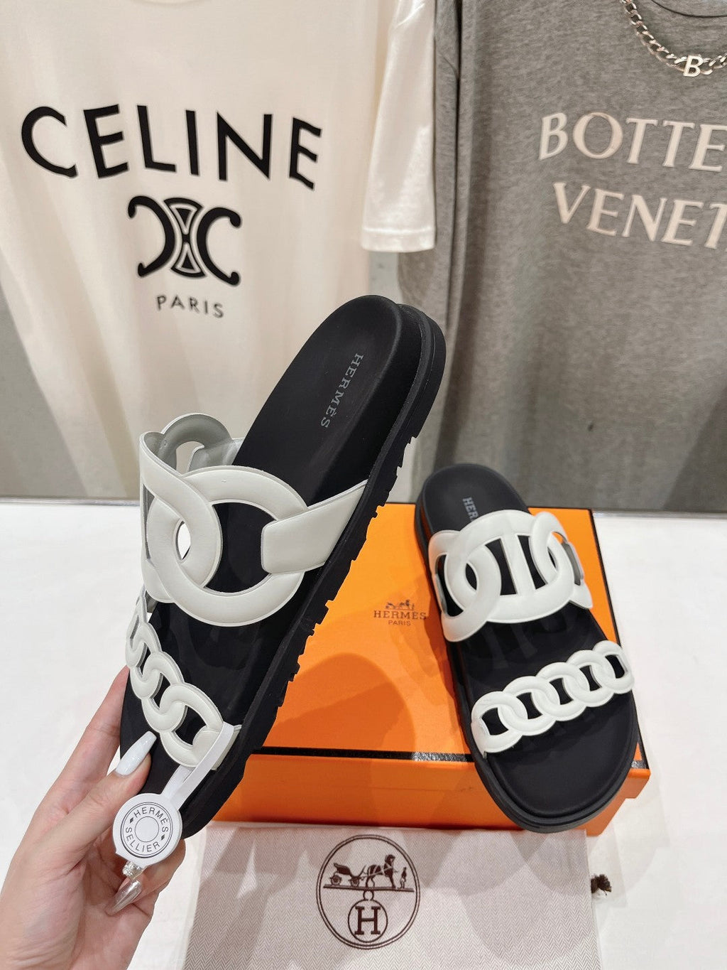 HERMES EXTRA SANDAL BLACK MIX WHITE CALFSKIN