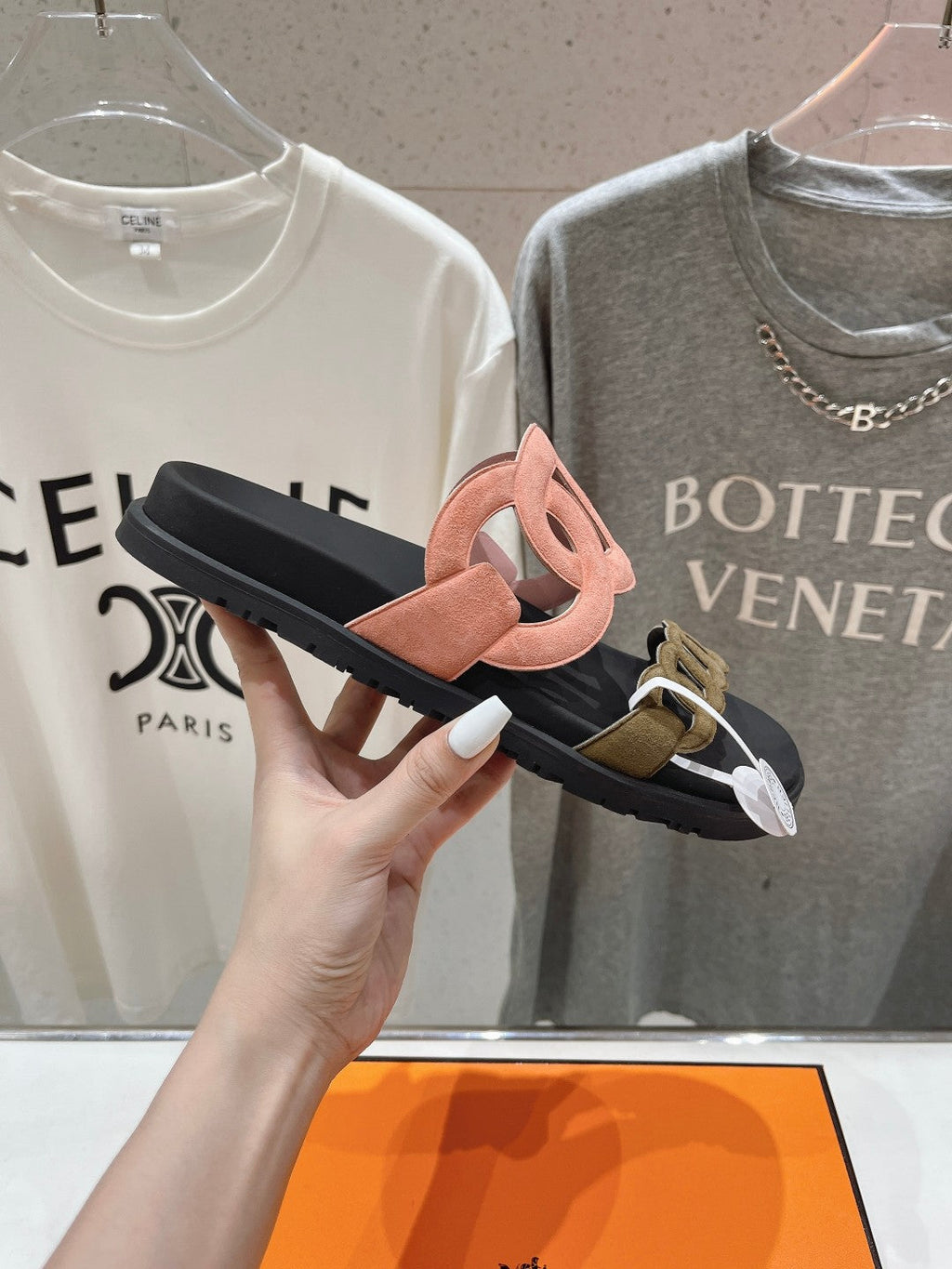 HERMES EXTRA SANDAL BLACK MIX PEACH MIX MOSS CALFSKIN