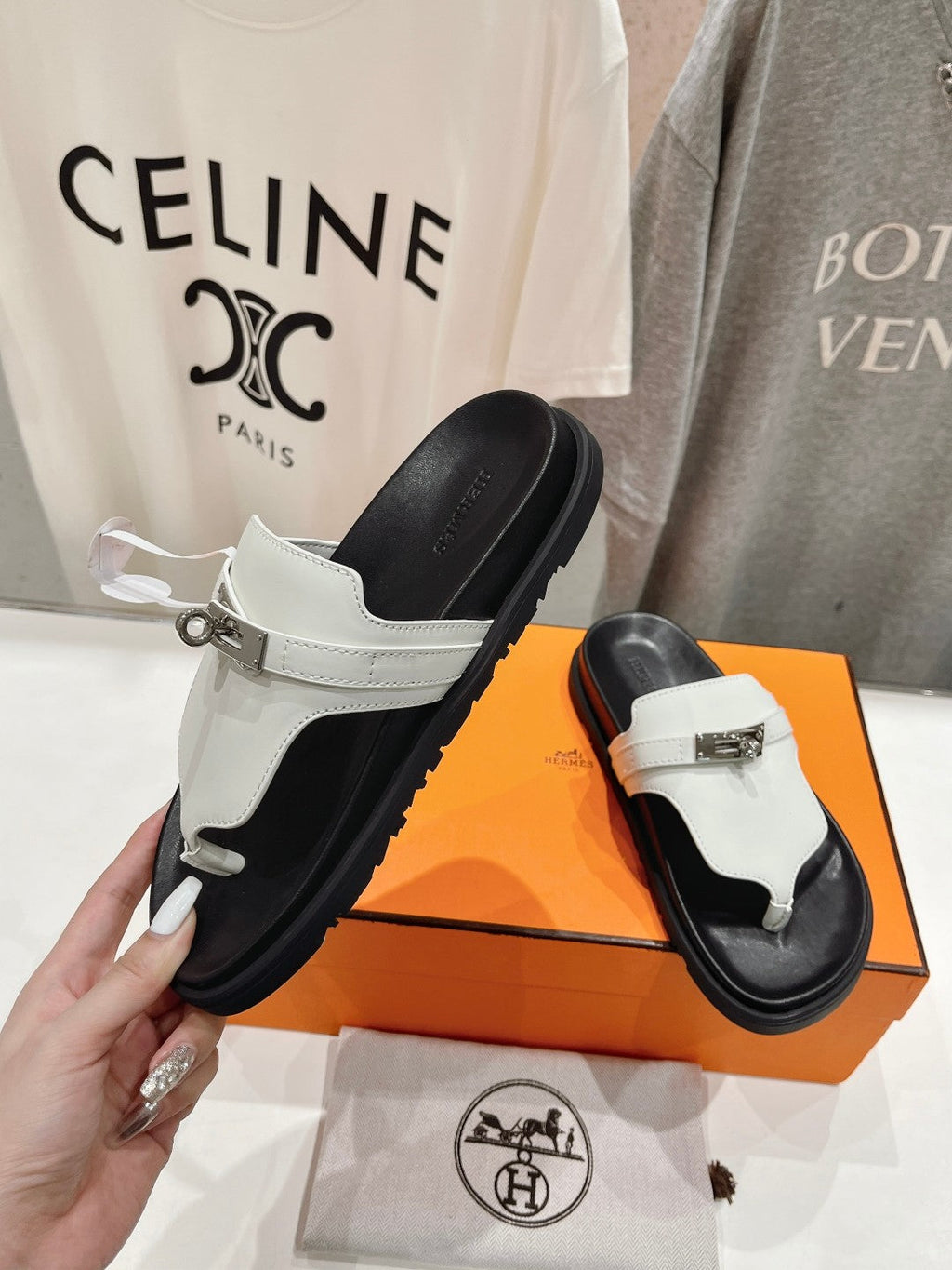 HERMES EMPIRE SANDAL BLACK MIX WHITE CALFSKIN