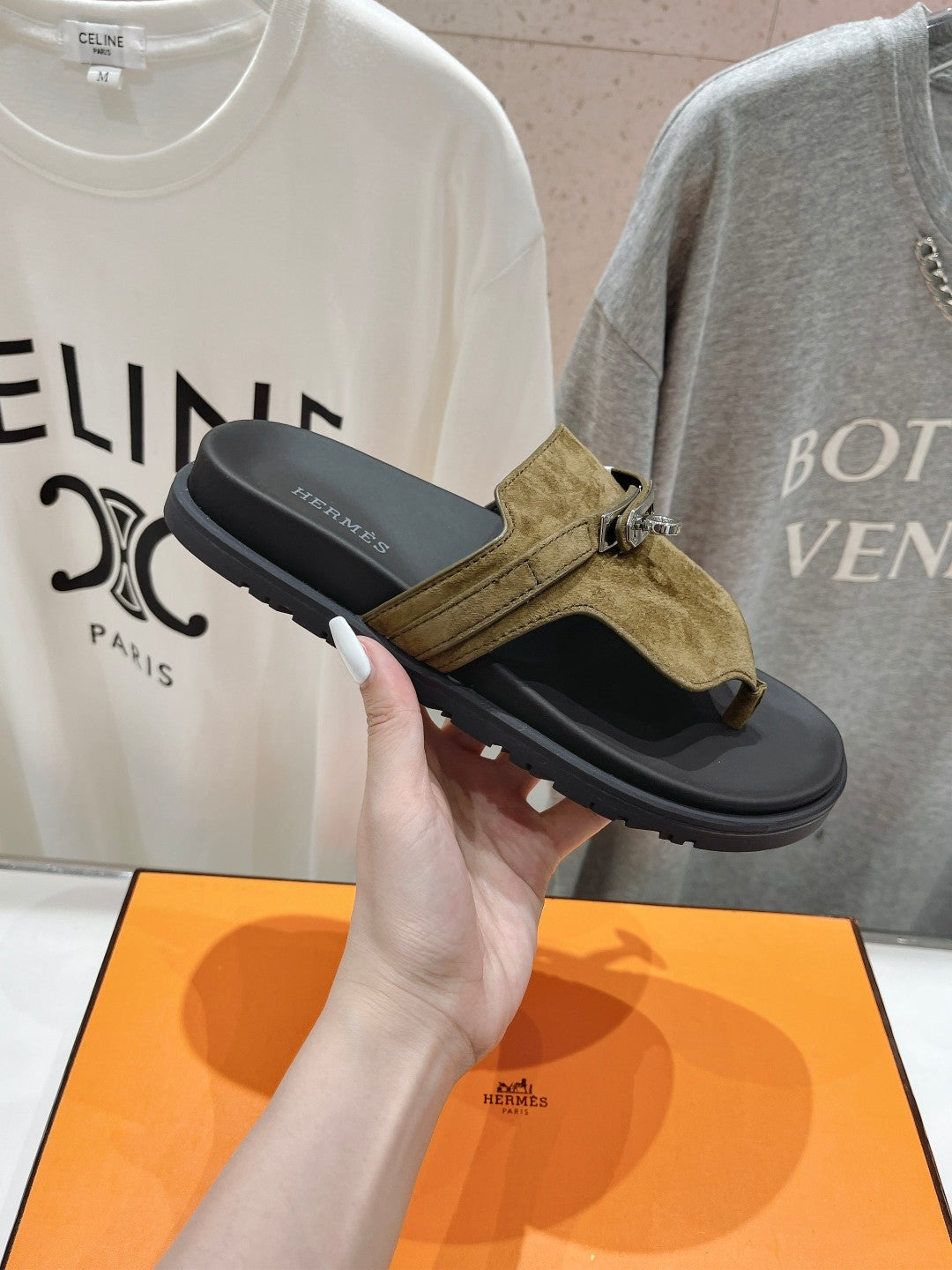 HERMES EMPIRE SANDAL BLACK MIX ARMY GREEN SUEDE