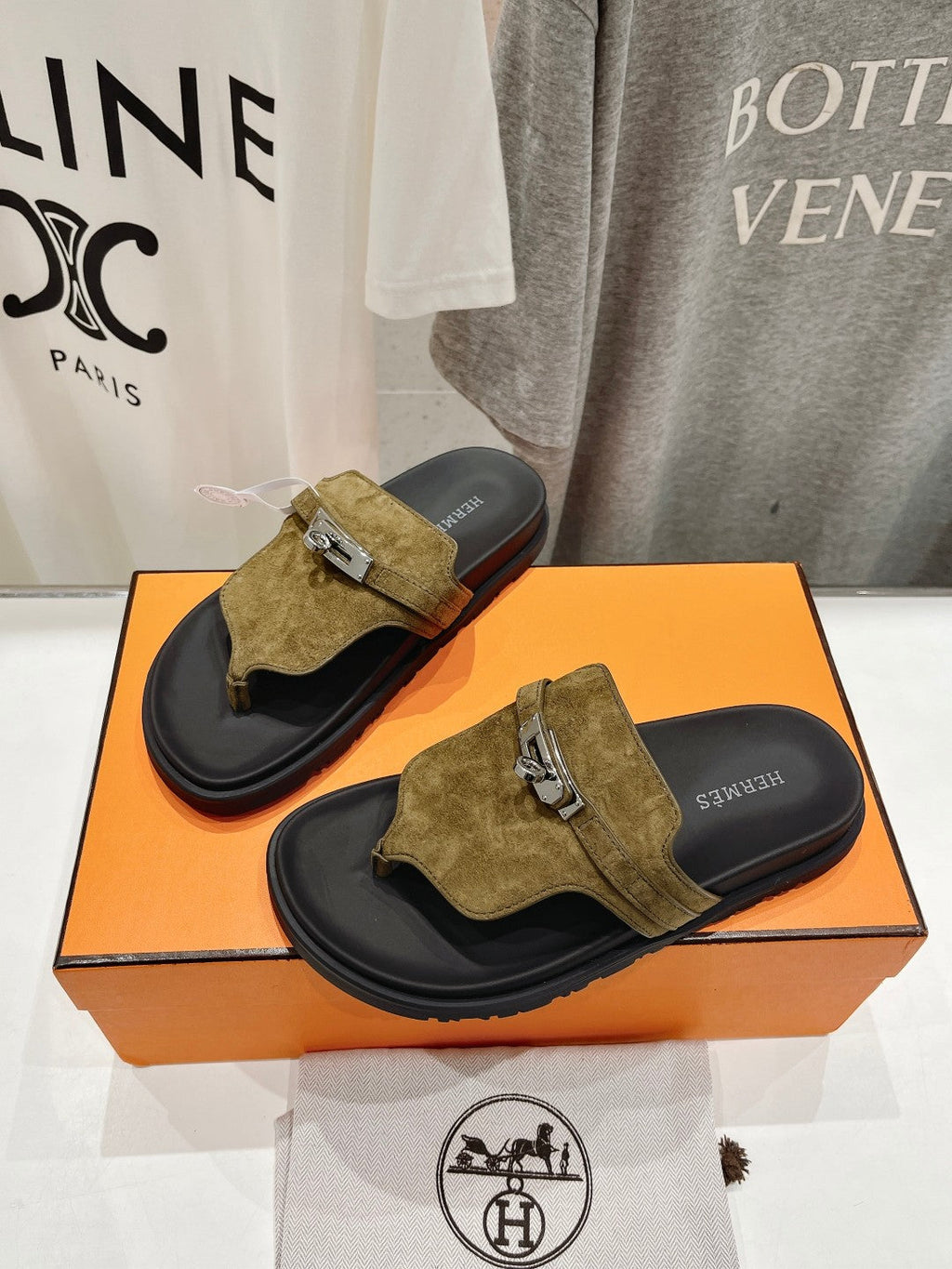 HERMES EMPIRE SANDAL BLACK MIX ARMY GREEN SUEDE