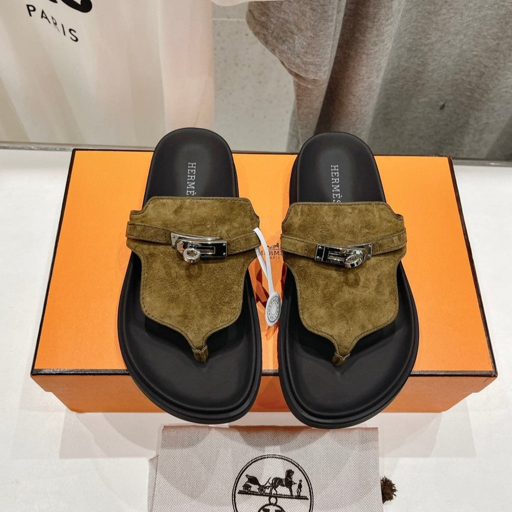 HERMES EMPIRE SANDAL BLACK MIX ARMY GREEN SUEDE