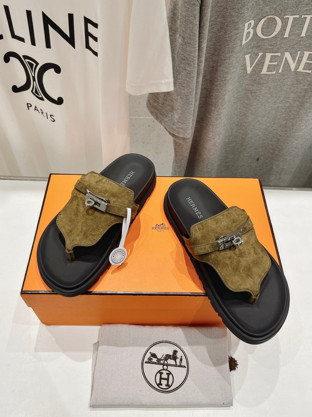 HERMES EMPIRE SANDAL BLACK MIX ARMY GREEN SUEDE