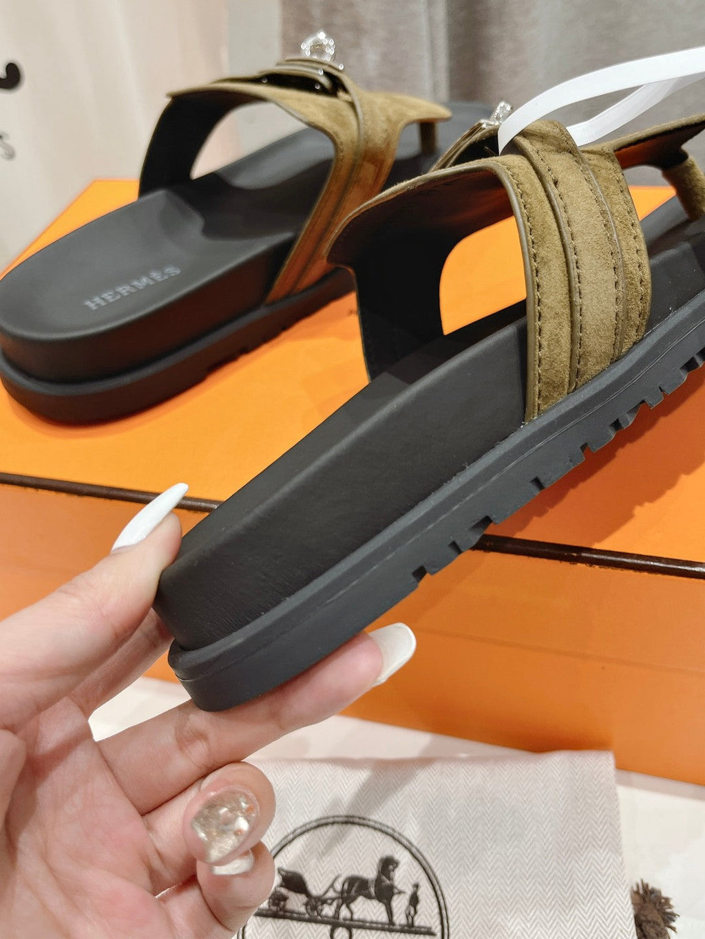 HERMES EMPIRE SANDAL BLACK MIX ARMY GREEN SUEDE