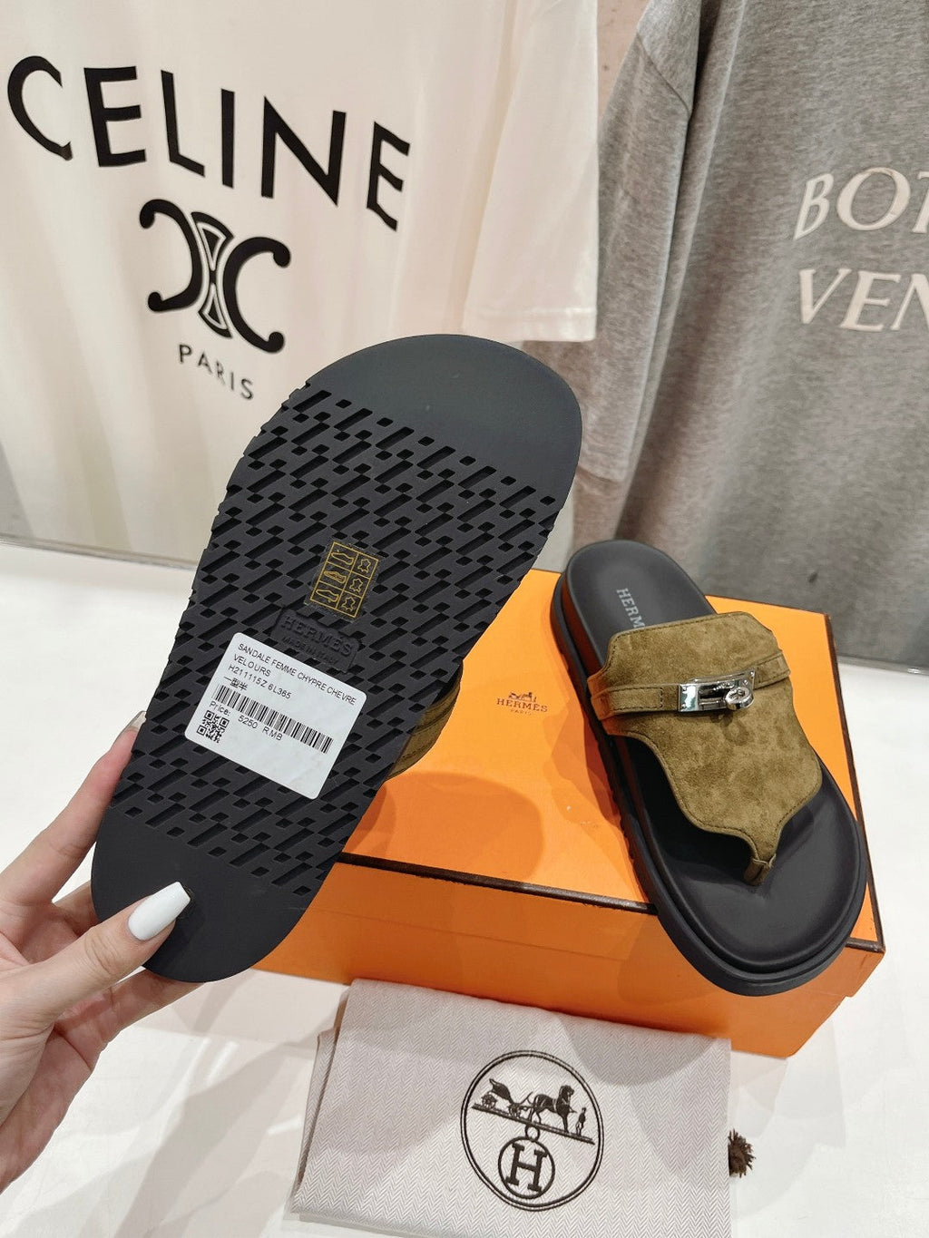HERMES EMPIRE SANDAL BLACK MIX ARMY GREEN SUEDE
