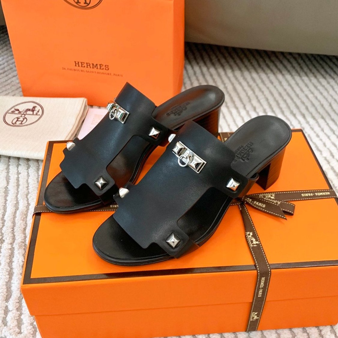HERMES INVINCIBLE 50 SANDAL IN BLACK CALFSKIN
