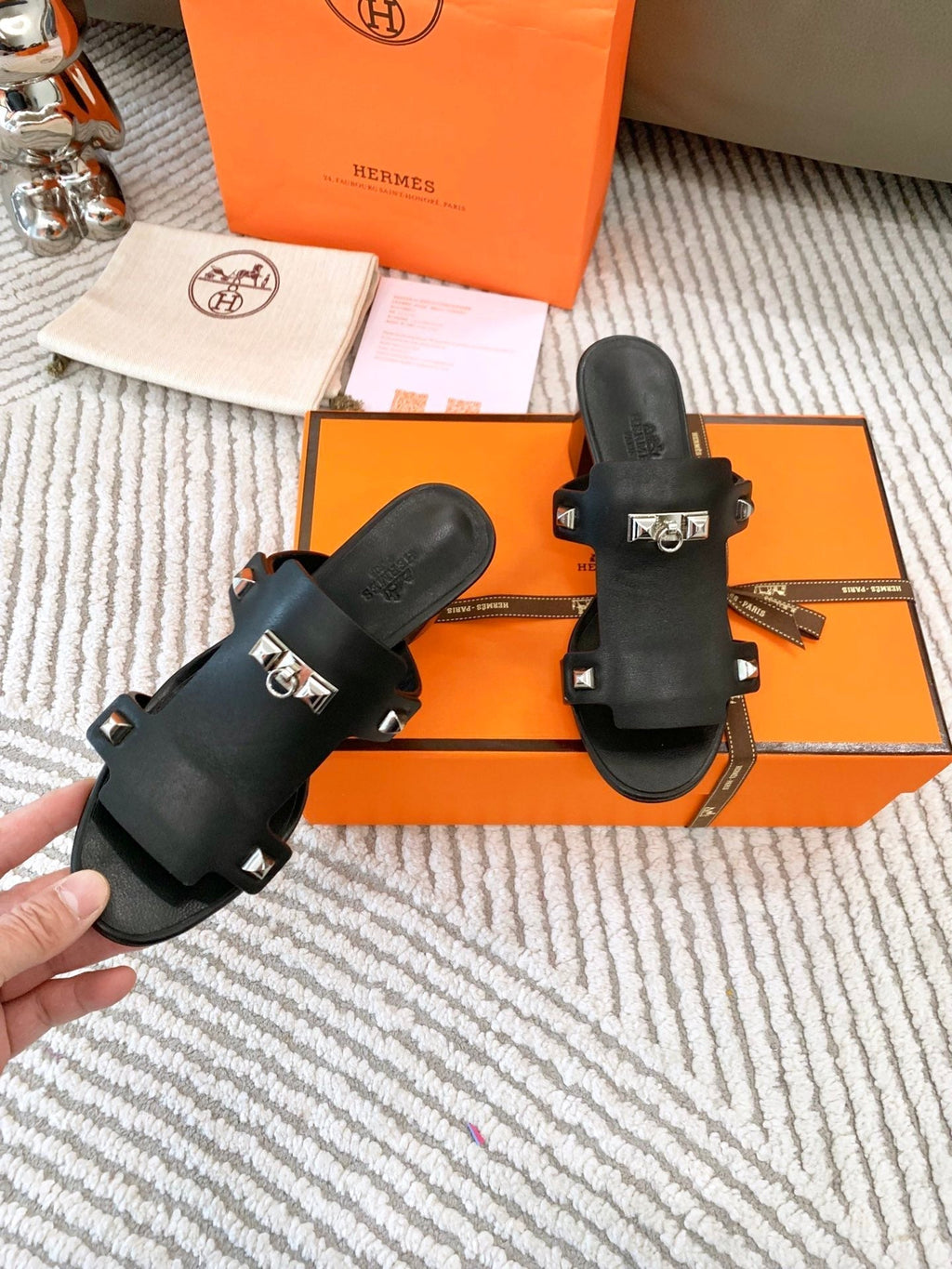 HERMES INVINCIBLE 50 SANDAL IN BLACK CALFSKIN