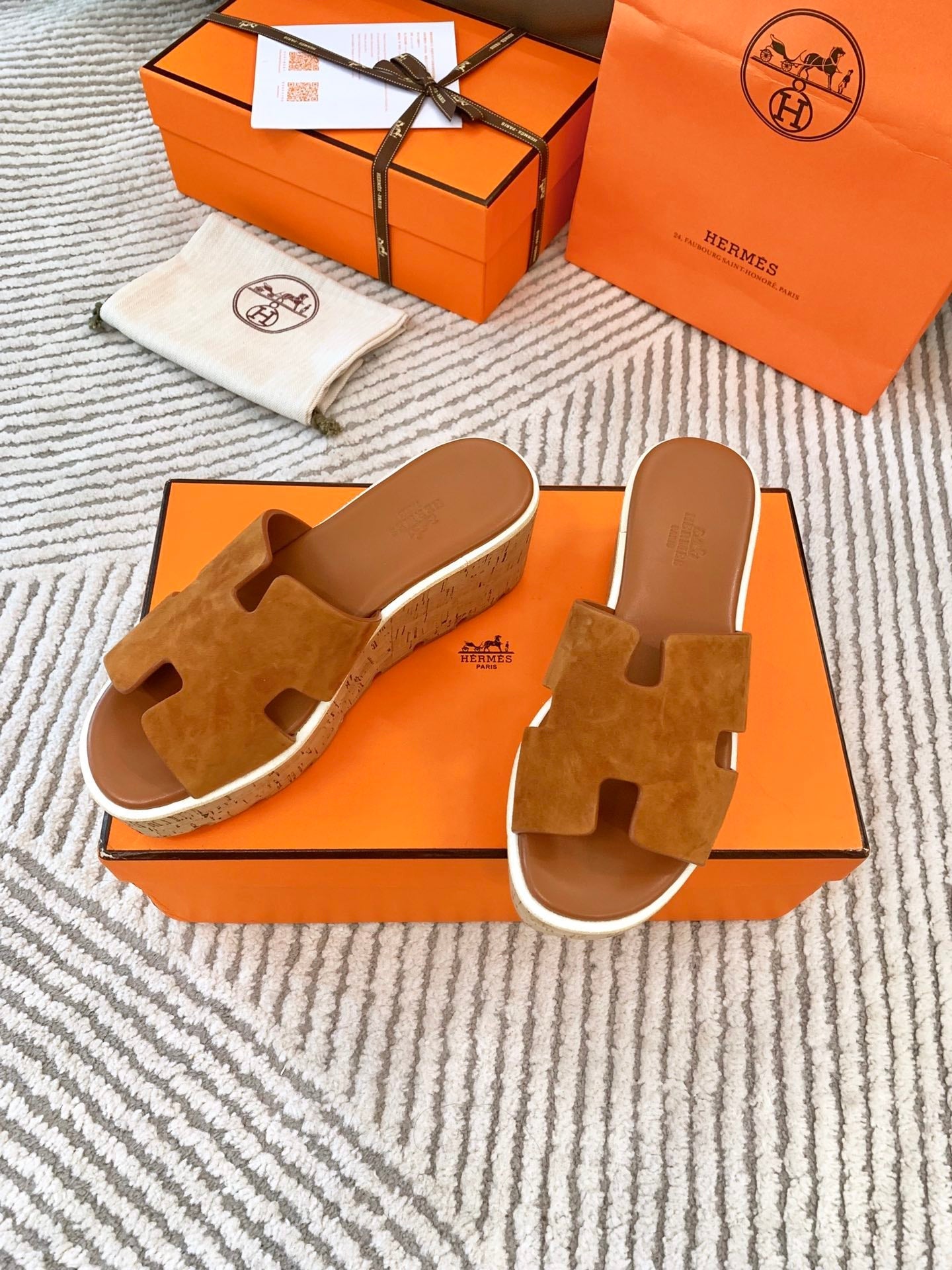 HERMES EZE 65 SANDAL BRIGHT BROWN SUEDE