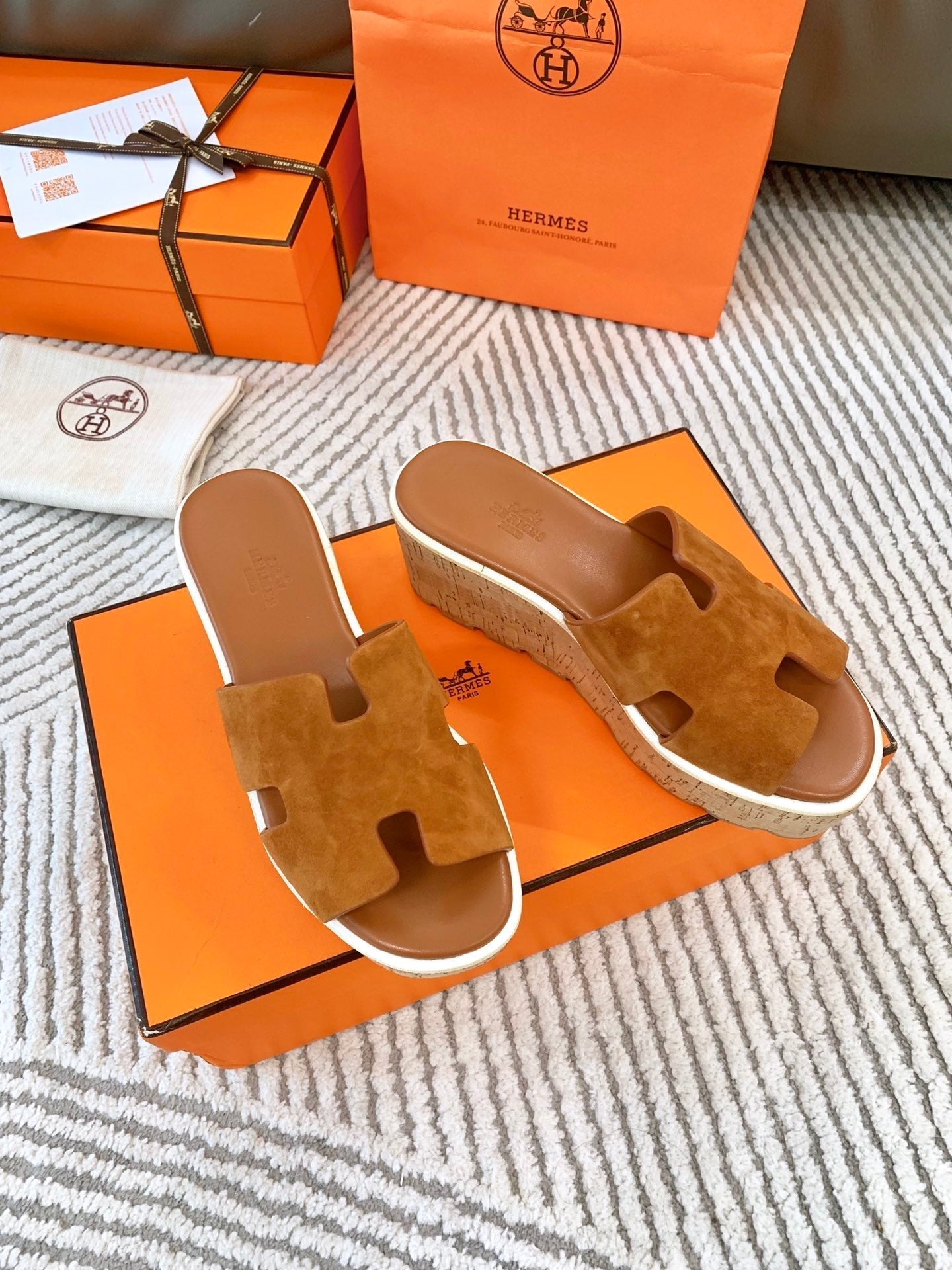 HERMES EZE 65 SANDAL BRIGHT BROWN SUEDE